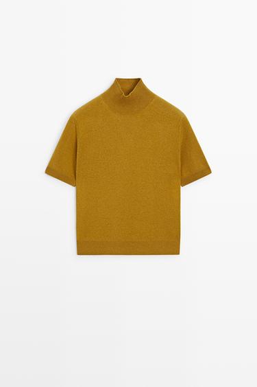 Wool-cashmere blend short sleeve knit sweater — MUSTARD YELLOW 2