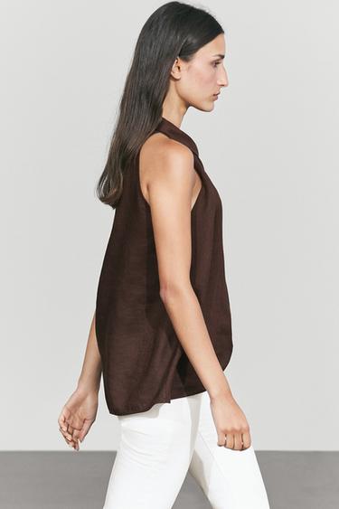 100% linen flowing halter top — BROWN 8
