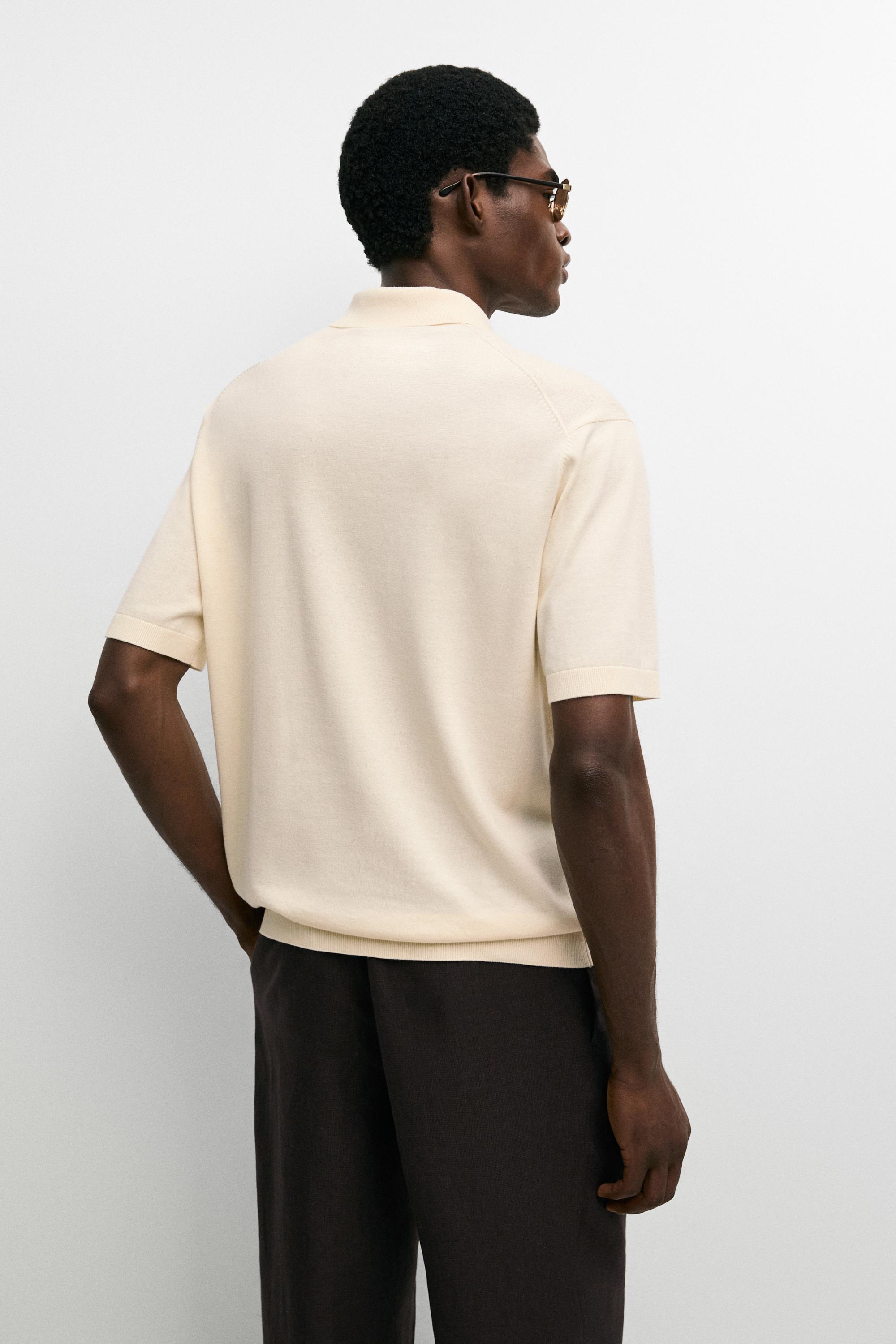 100% cotton V-neck knit polo — CREAM