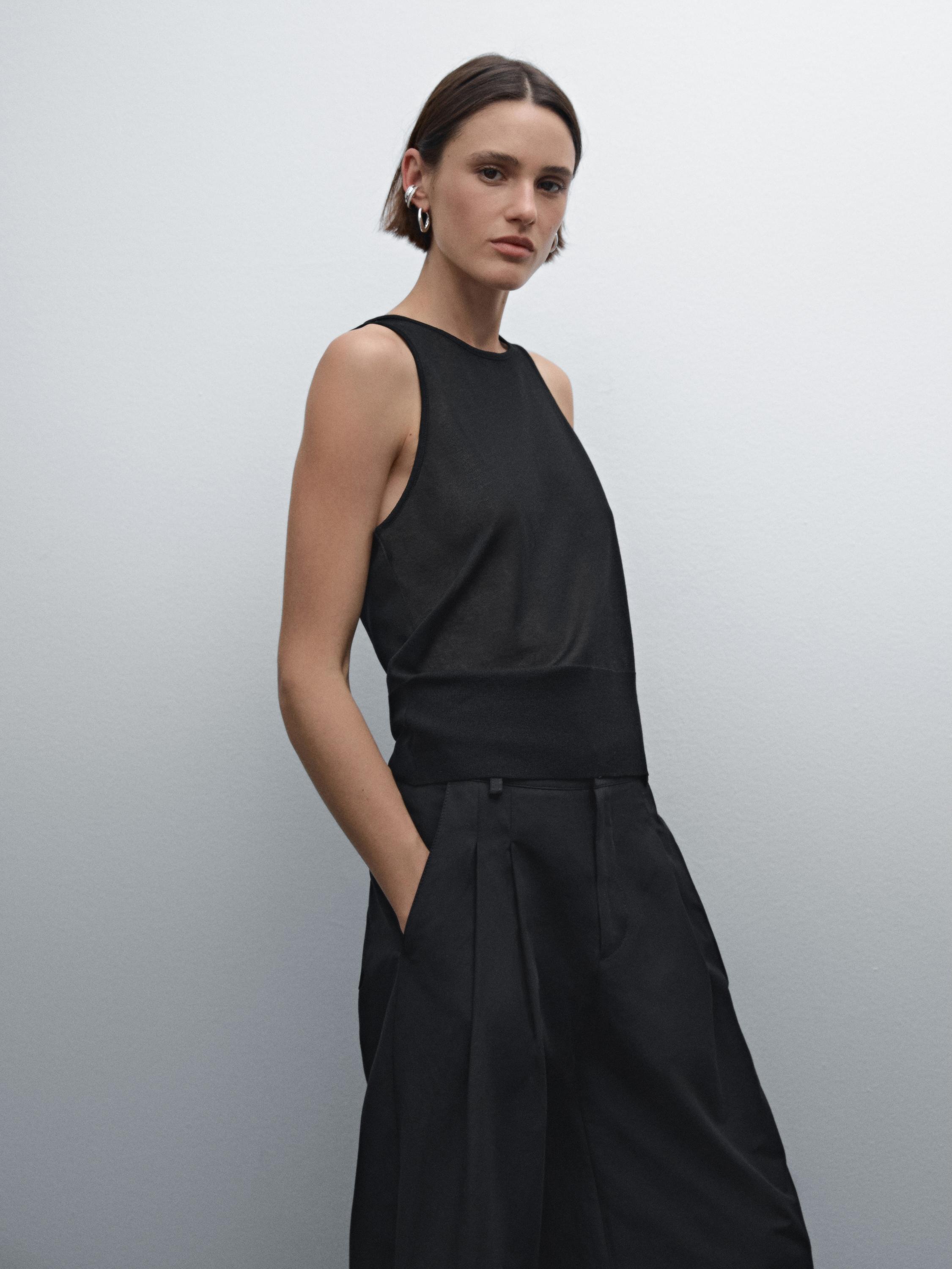 Wide-leg cotton blend trousers