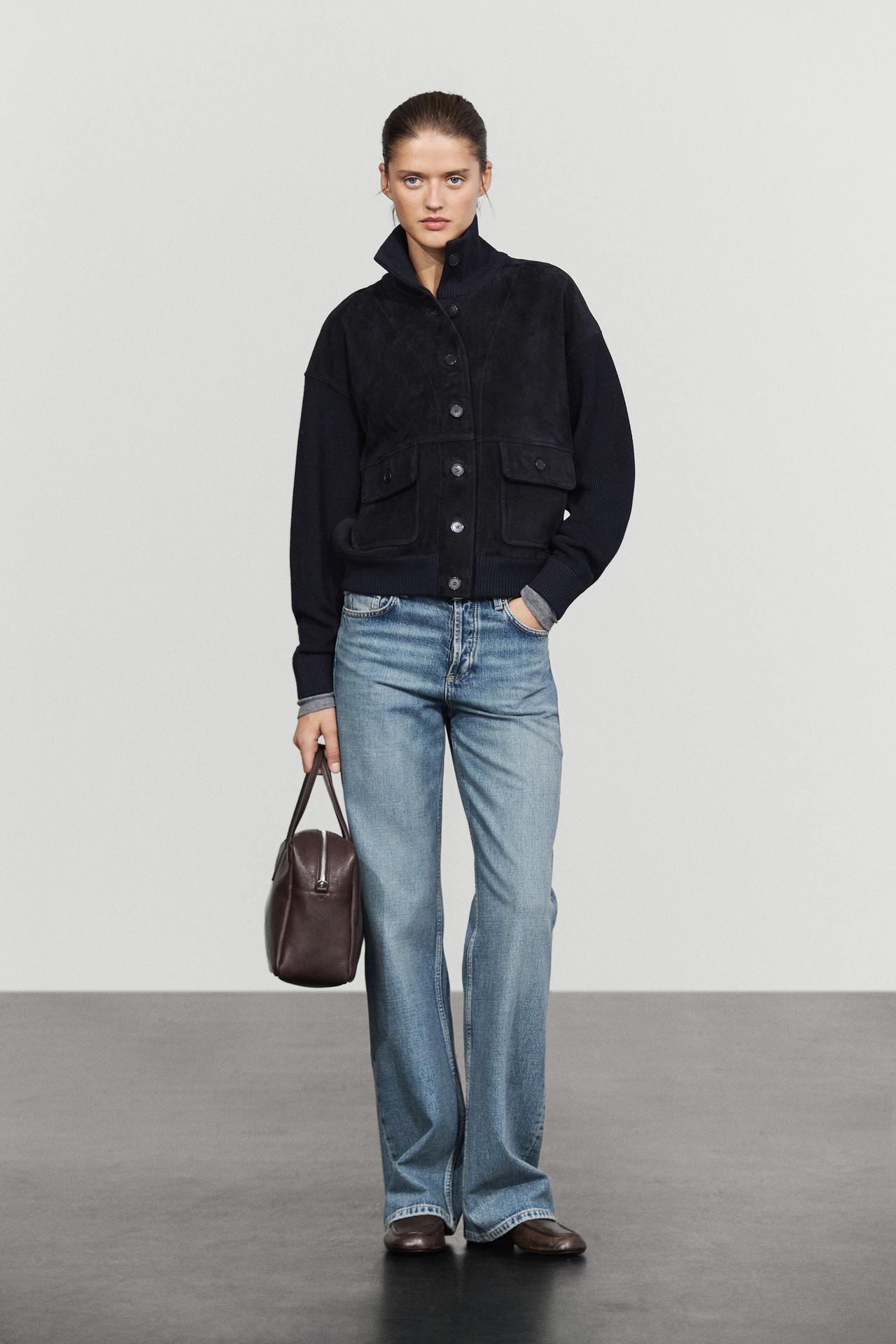 Contrast Suede leather jacket — NAVY BLUE