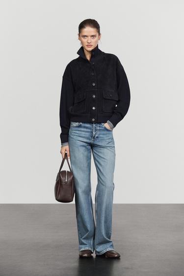 Contrast Suede leather jacket — NAVY BLUE 8