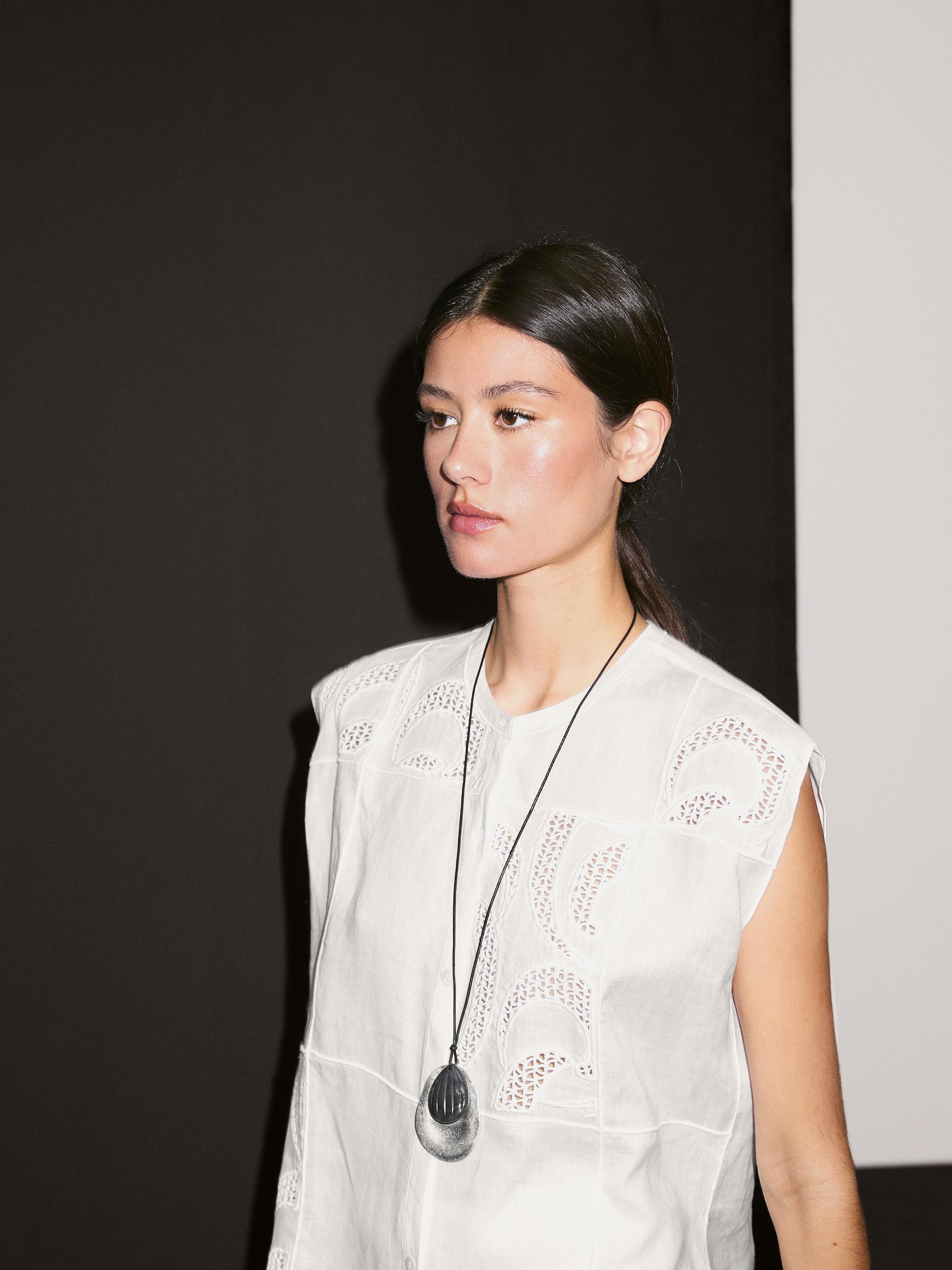 Linen blend crochet detail blouse