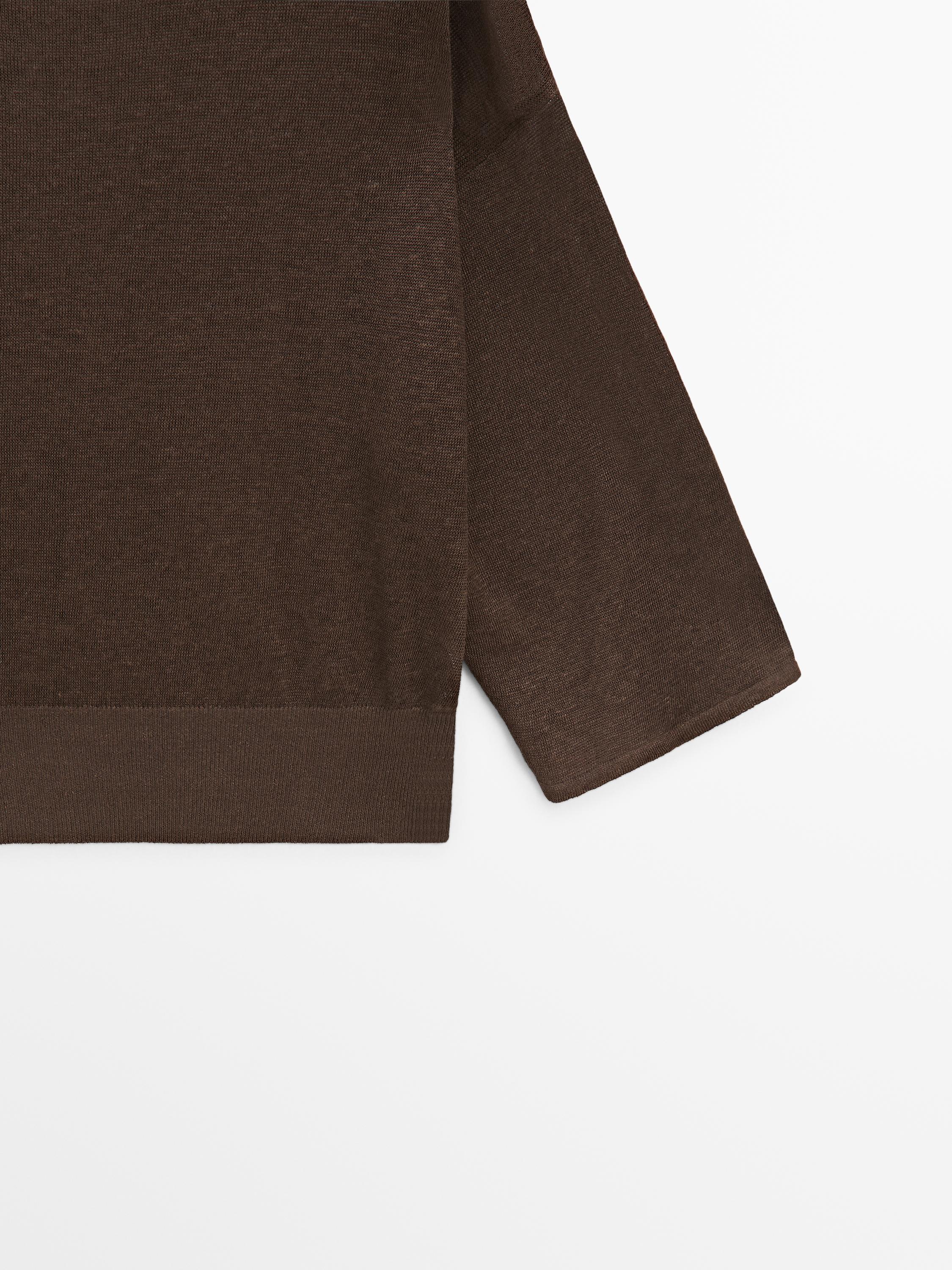 Linen knit boat neck T-shirt — BROWN