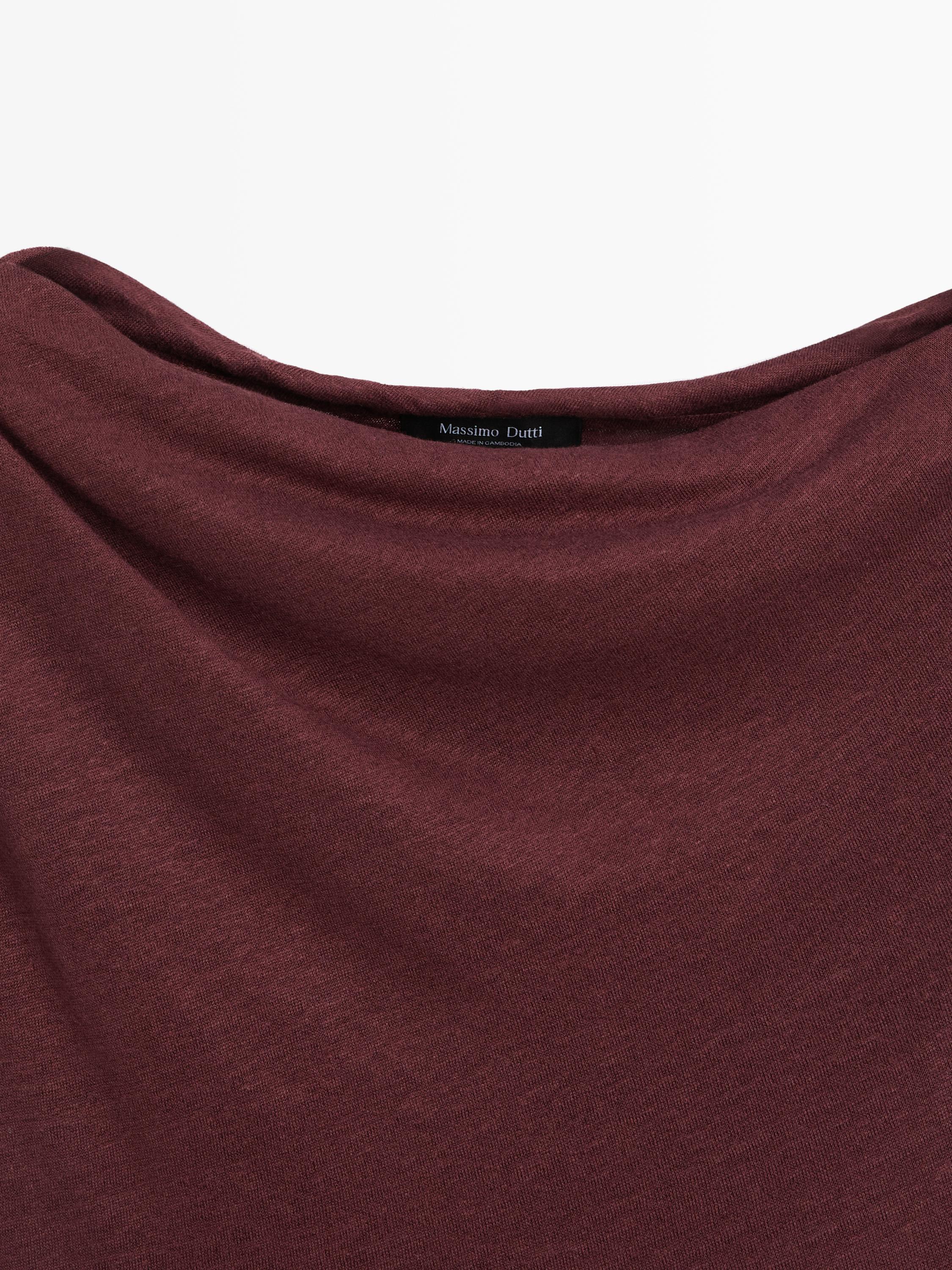 Asymmetric linen blend top with draped detail — BURGUNDY