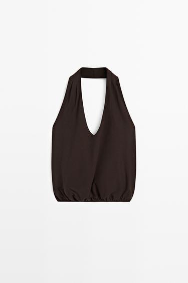 Cotton halter top with elasticated hem — BROWN 2