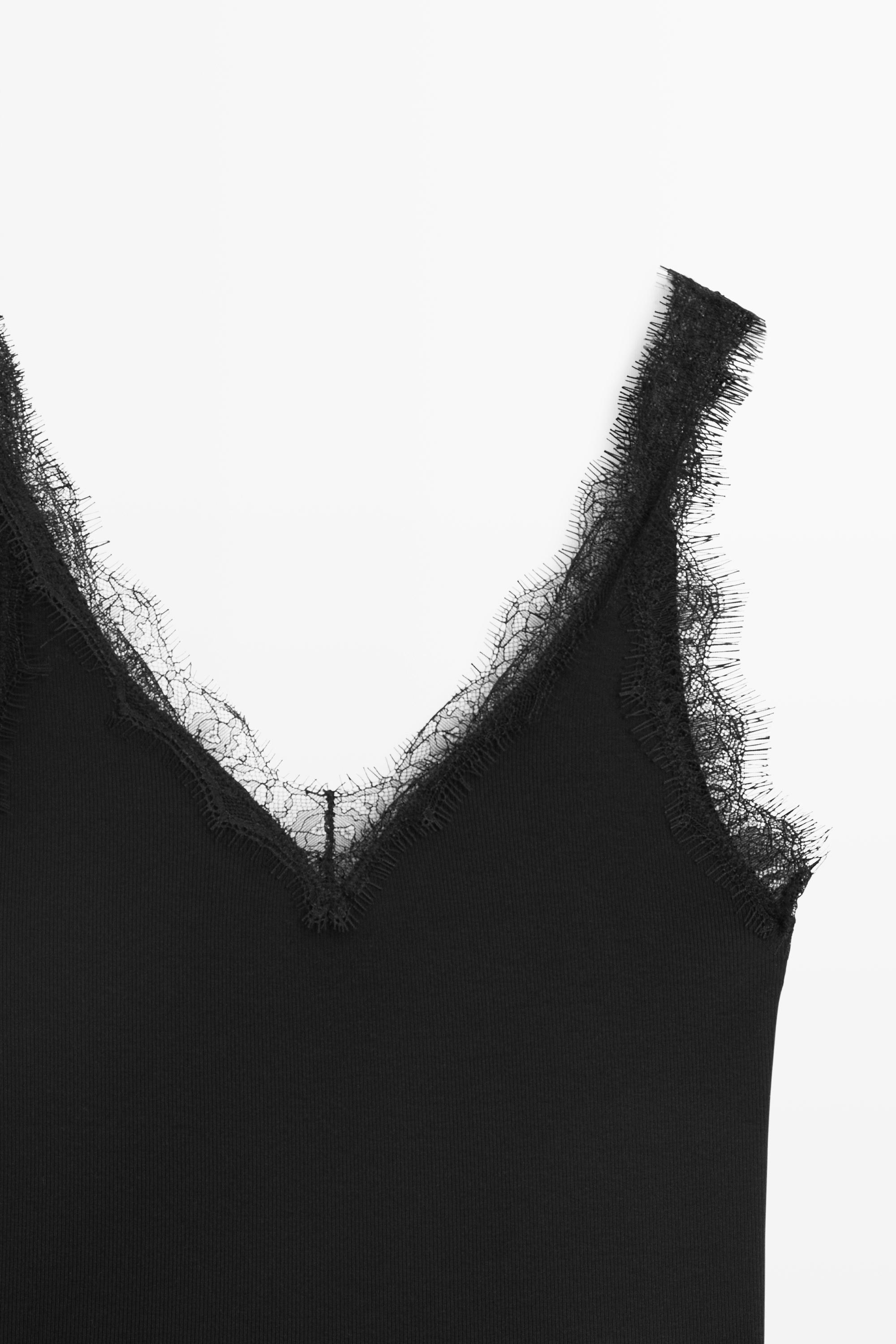 Strappy lace-trim top — BLACK