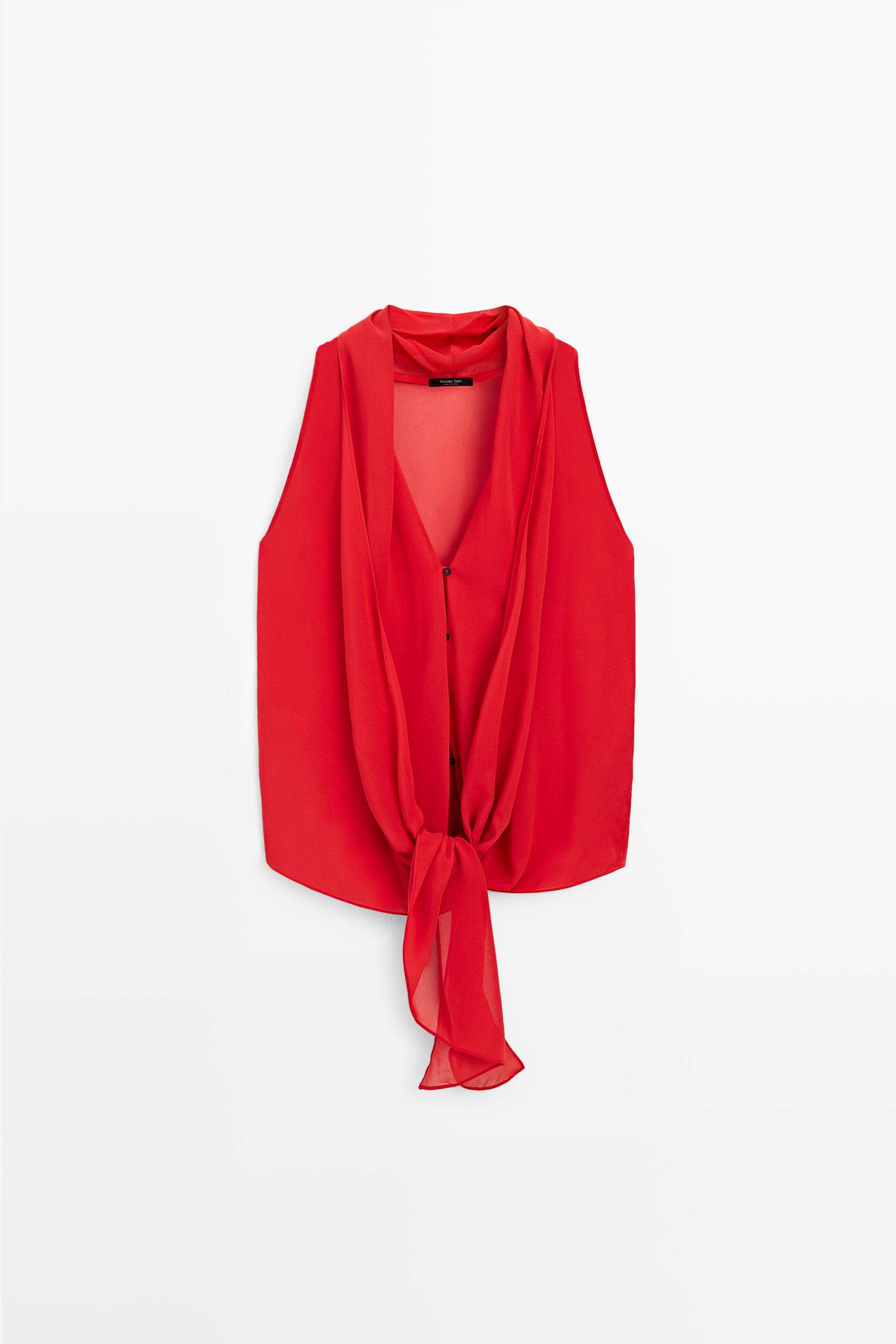 100% silk semi-sheer top with tie — RED