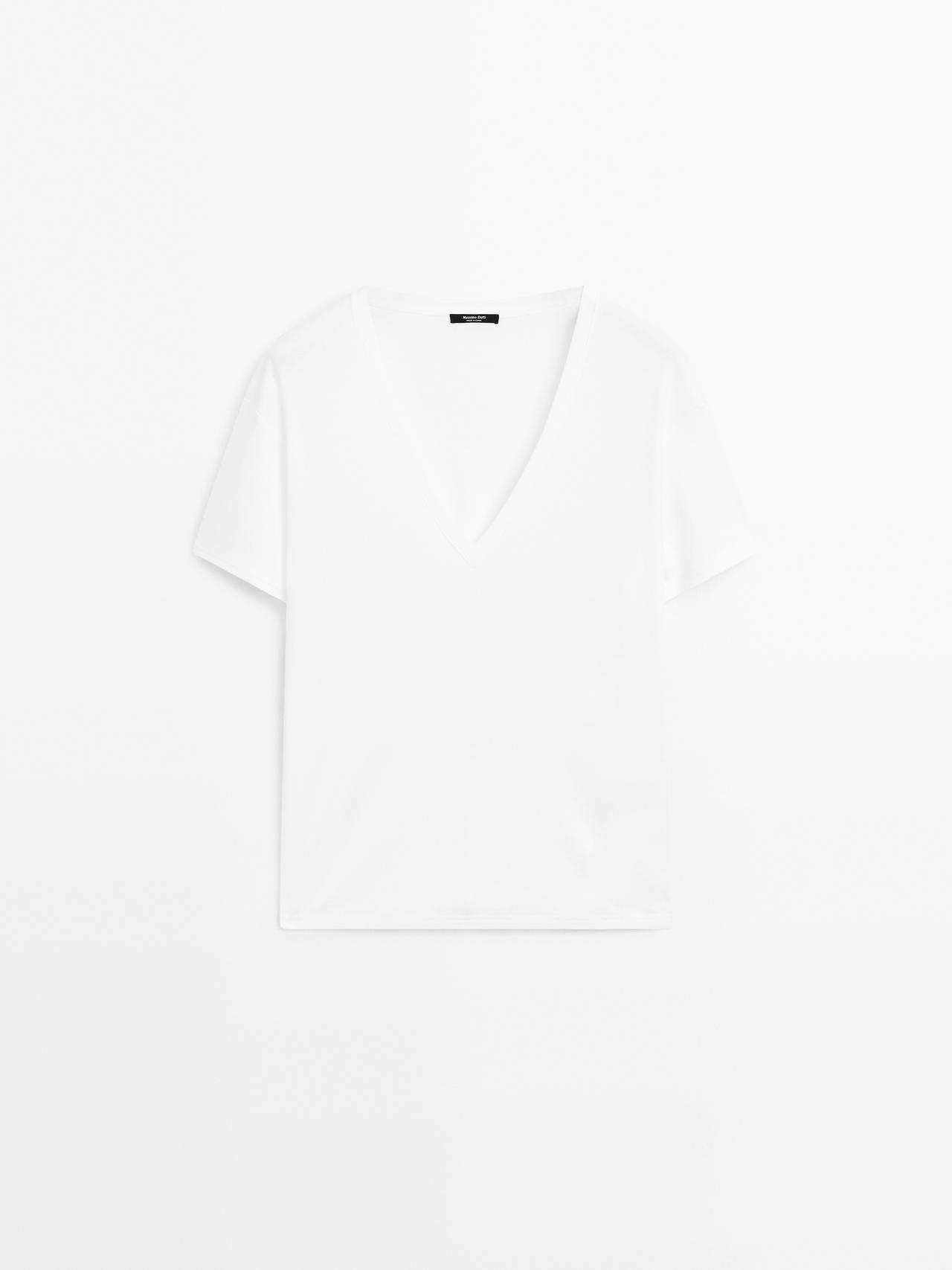 Massimo Dutti - Dame - T-Shirt Med Blødt Fald Og V-Udskæring - Hvid - L