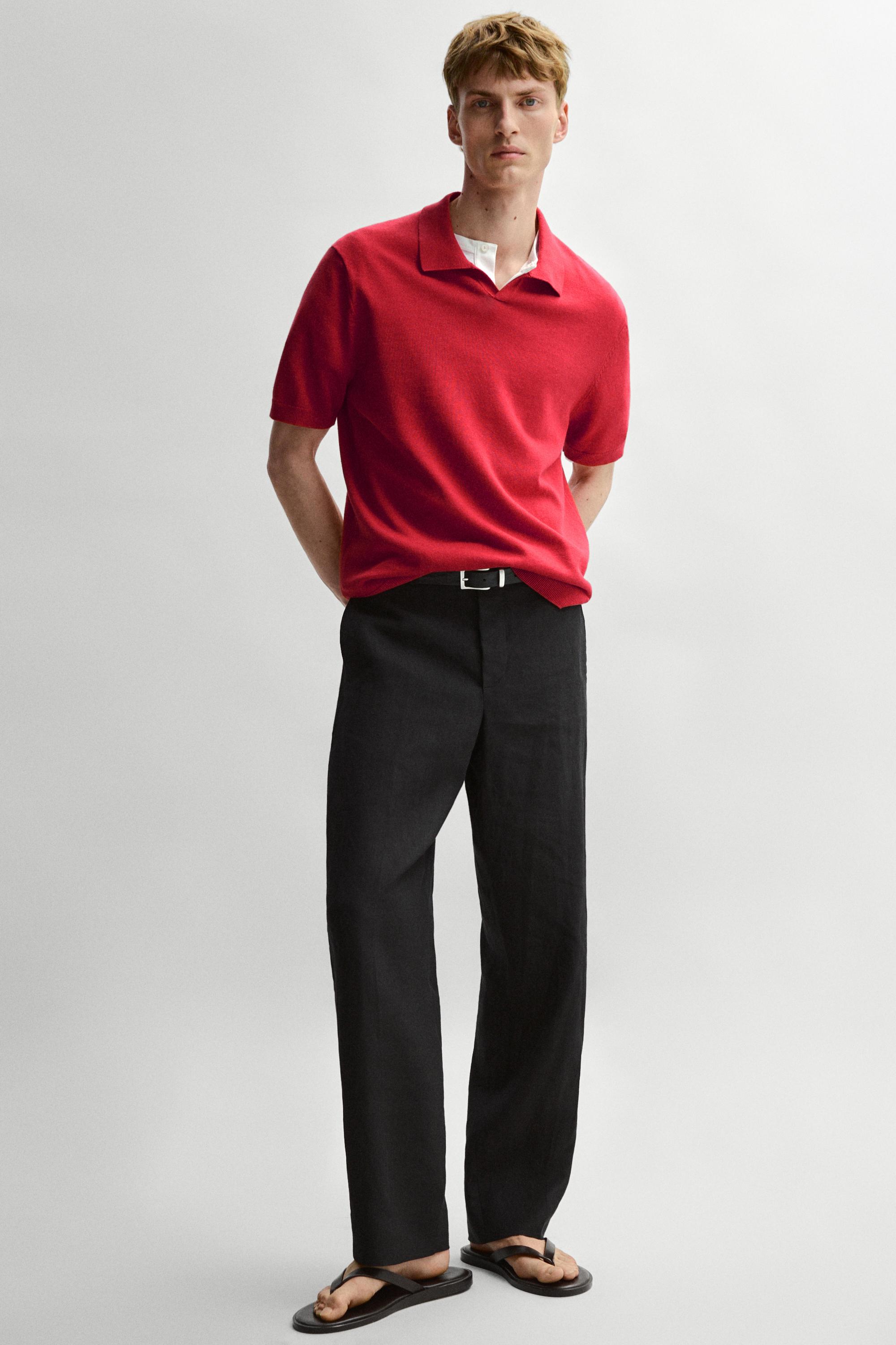 Cotton blend V-neck polo shirt — RED