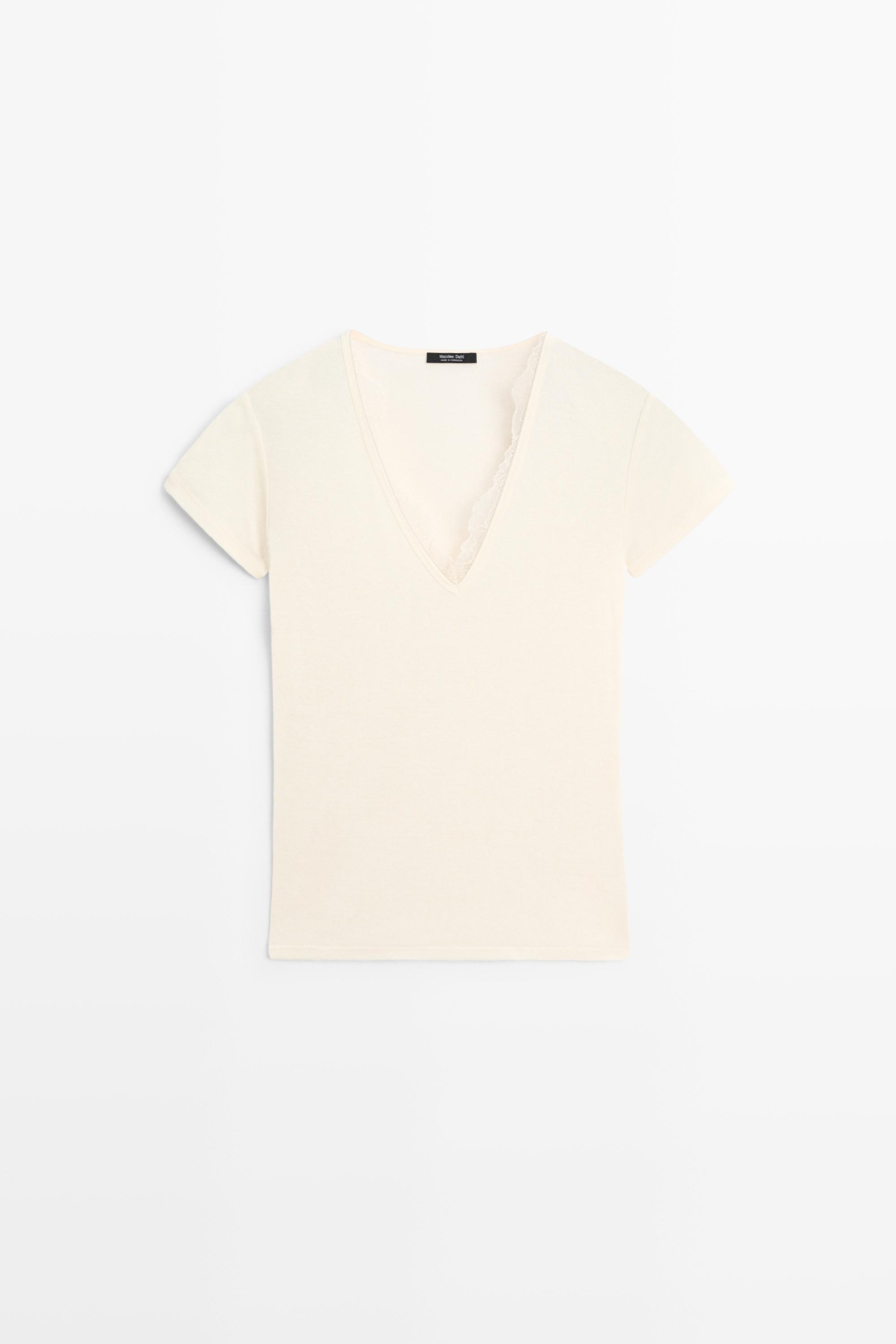 Lace-detail V-neck T-shirt — CREAM