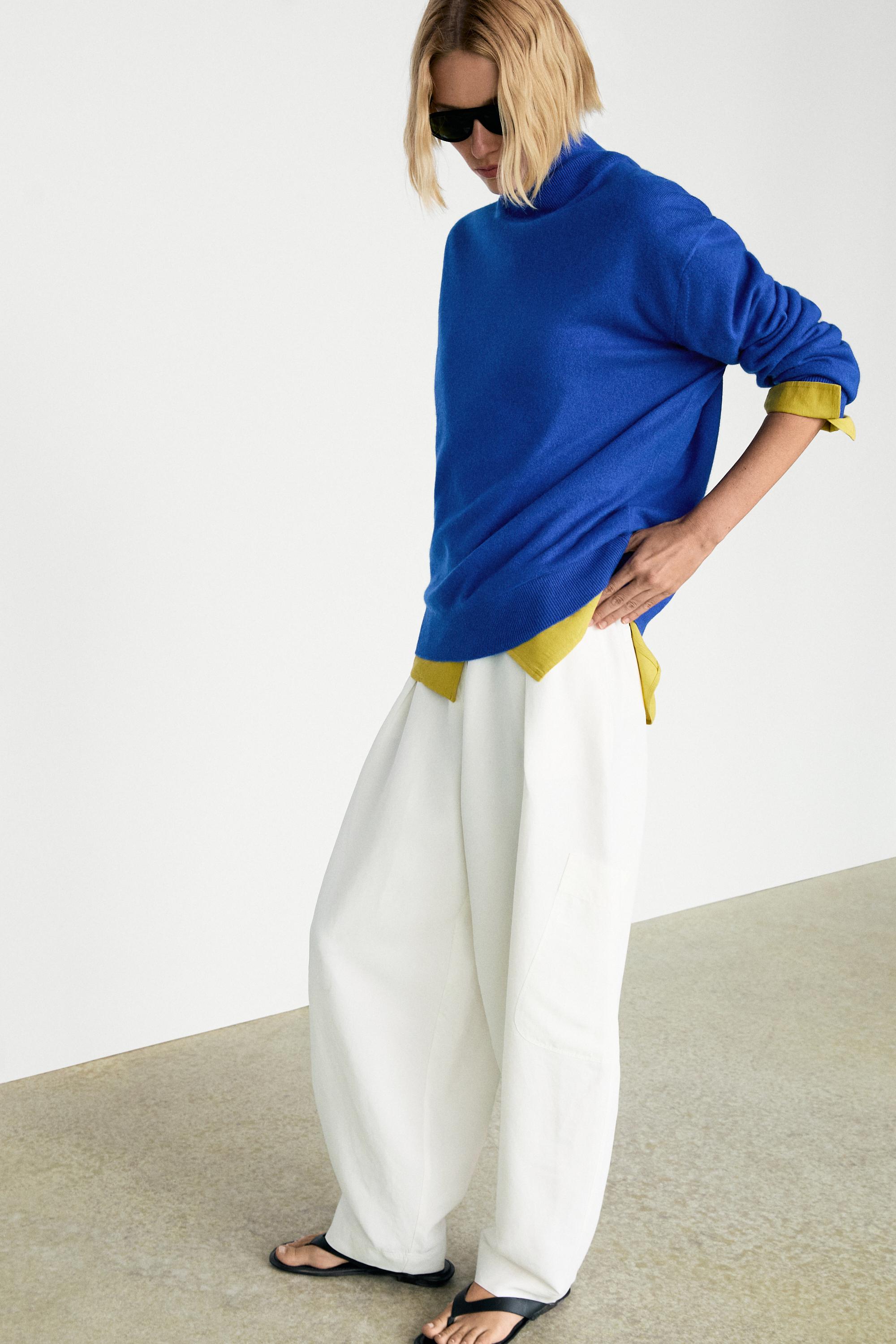 100% cashmere high neck knit sweater — DEEP BLUE