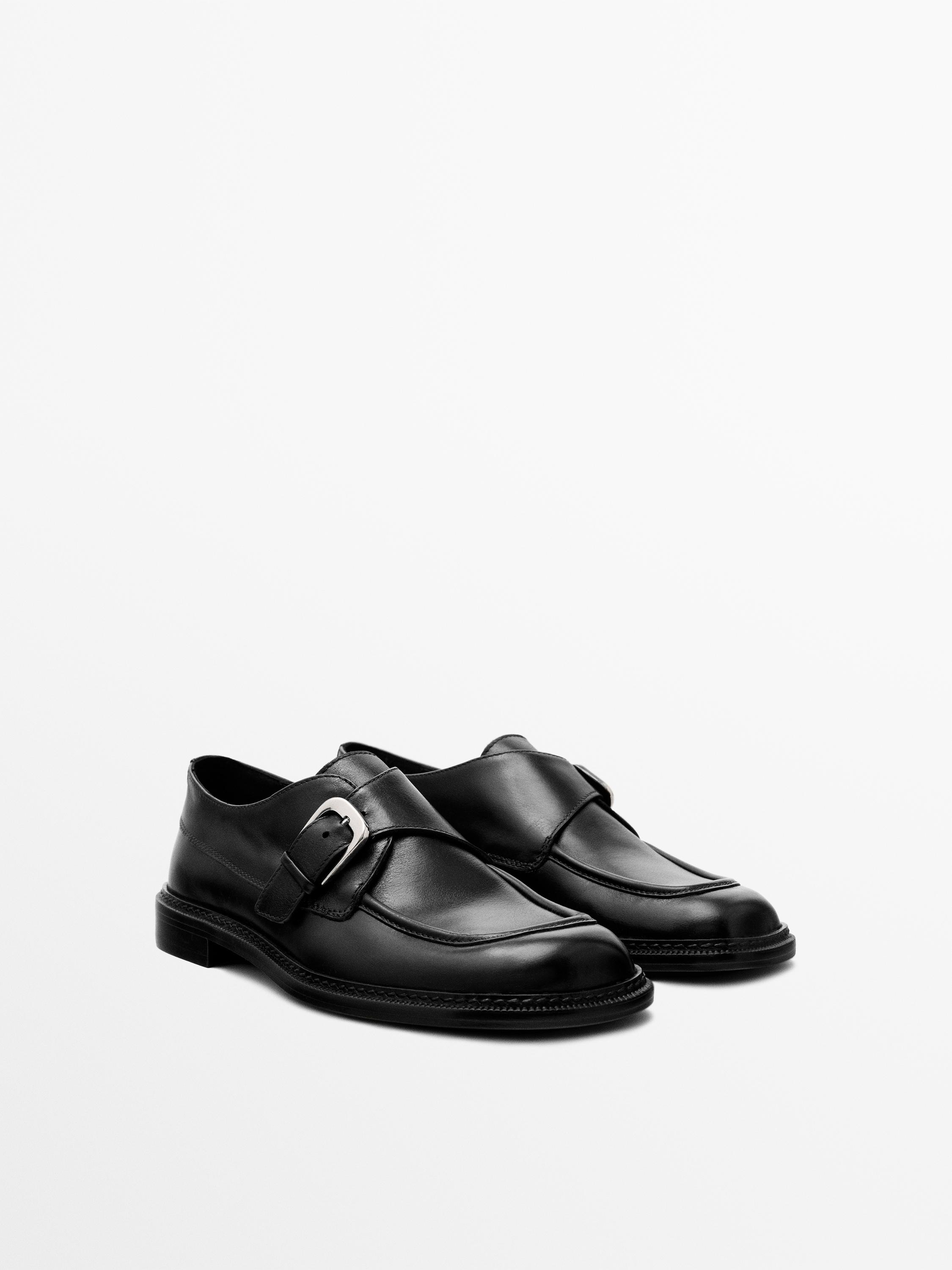 Leather derby shoes with buckle — BLACK