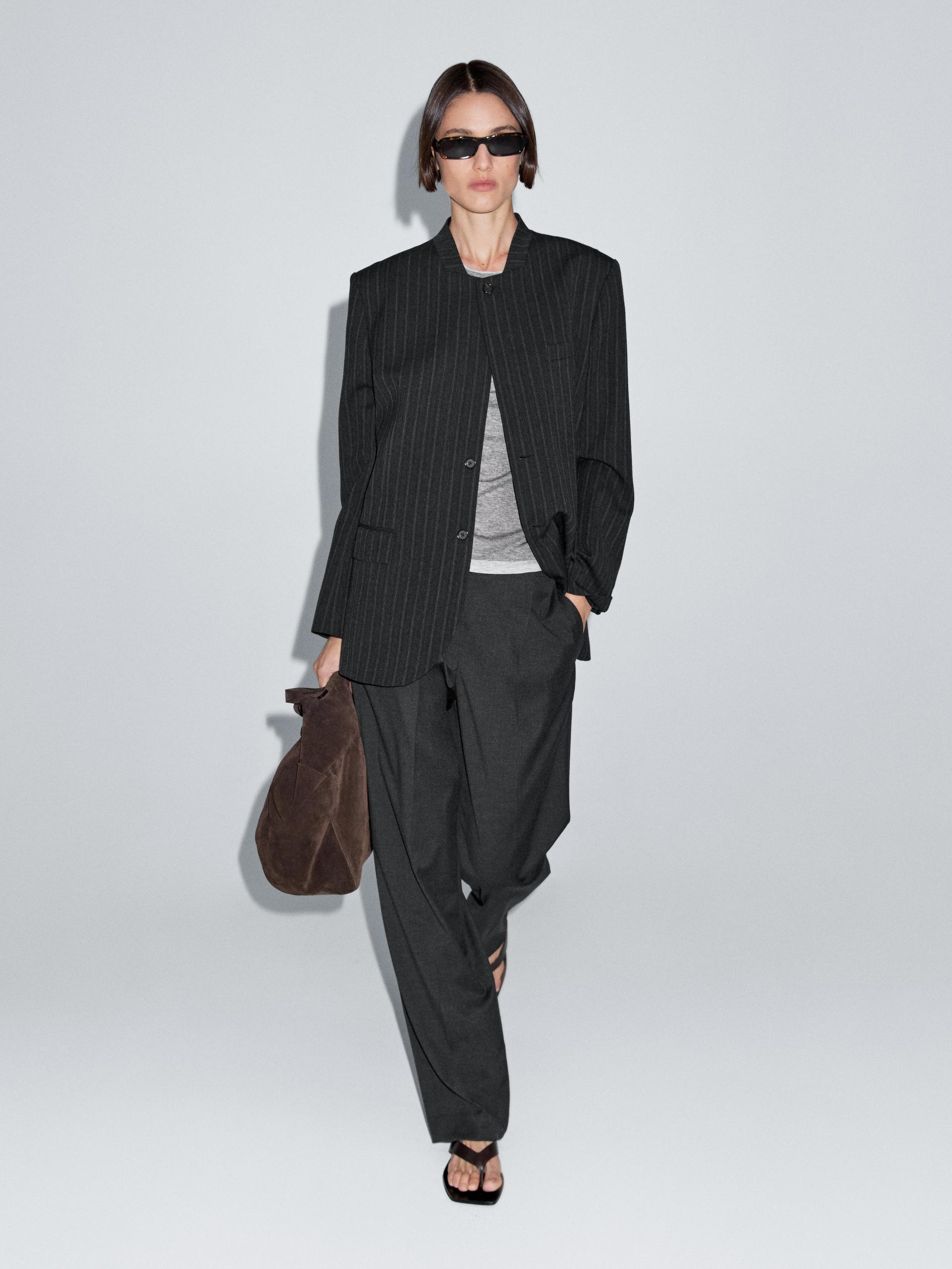 Americana Rayas Detalle Cuello 100% Lana - Gris Oscuro - 40 - Massimo Dutti - Mujer