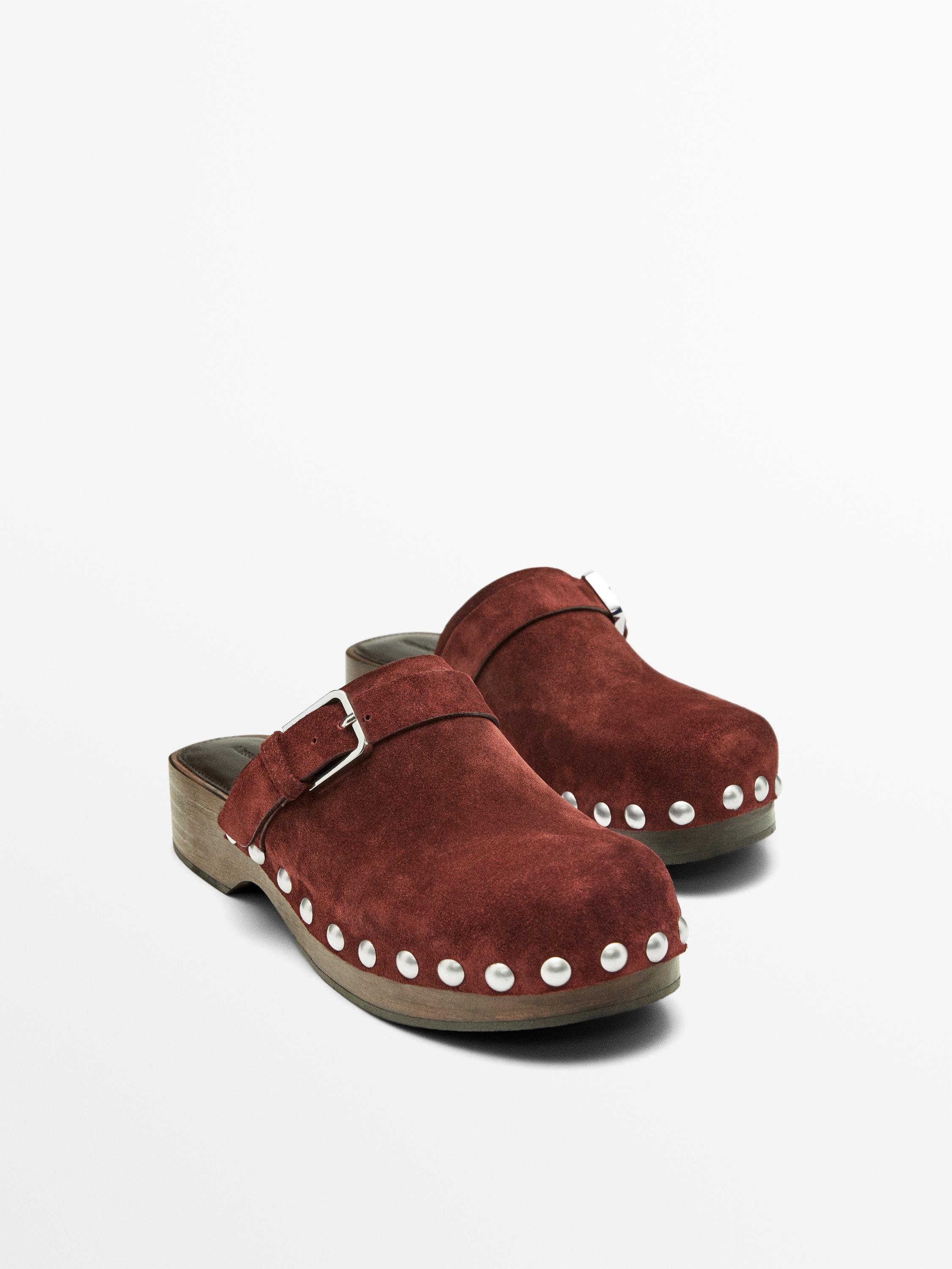 Leather clogs with buckle — TERRA-COTTA