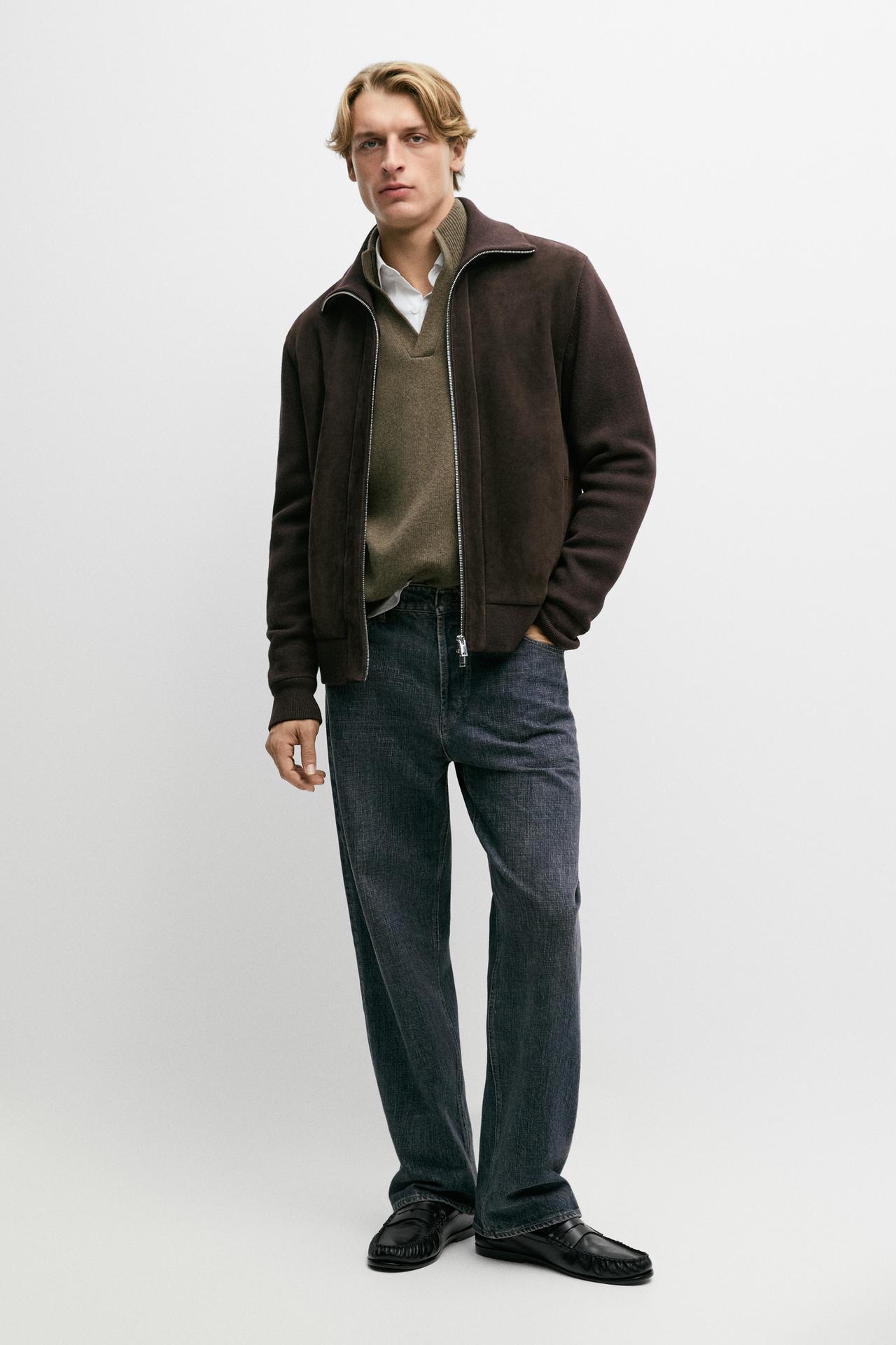Mixed fabric Suede jacket — BROWN