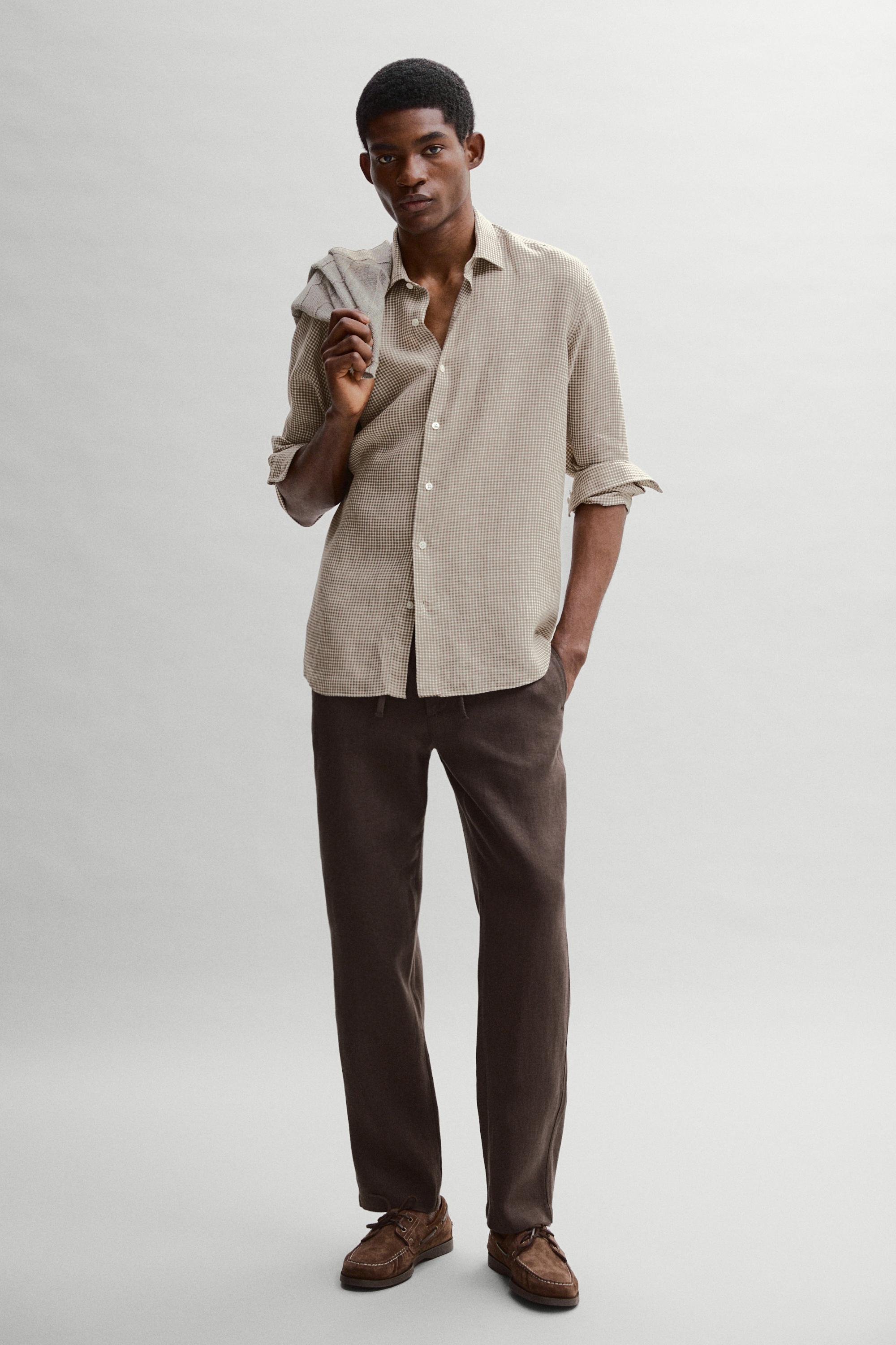 100% linen regular fit check shirt — BROWN