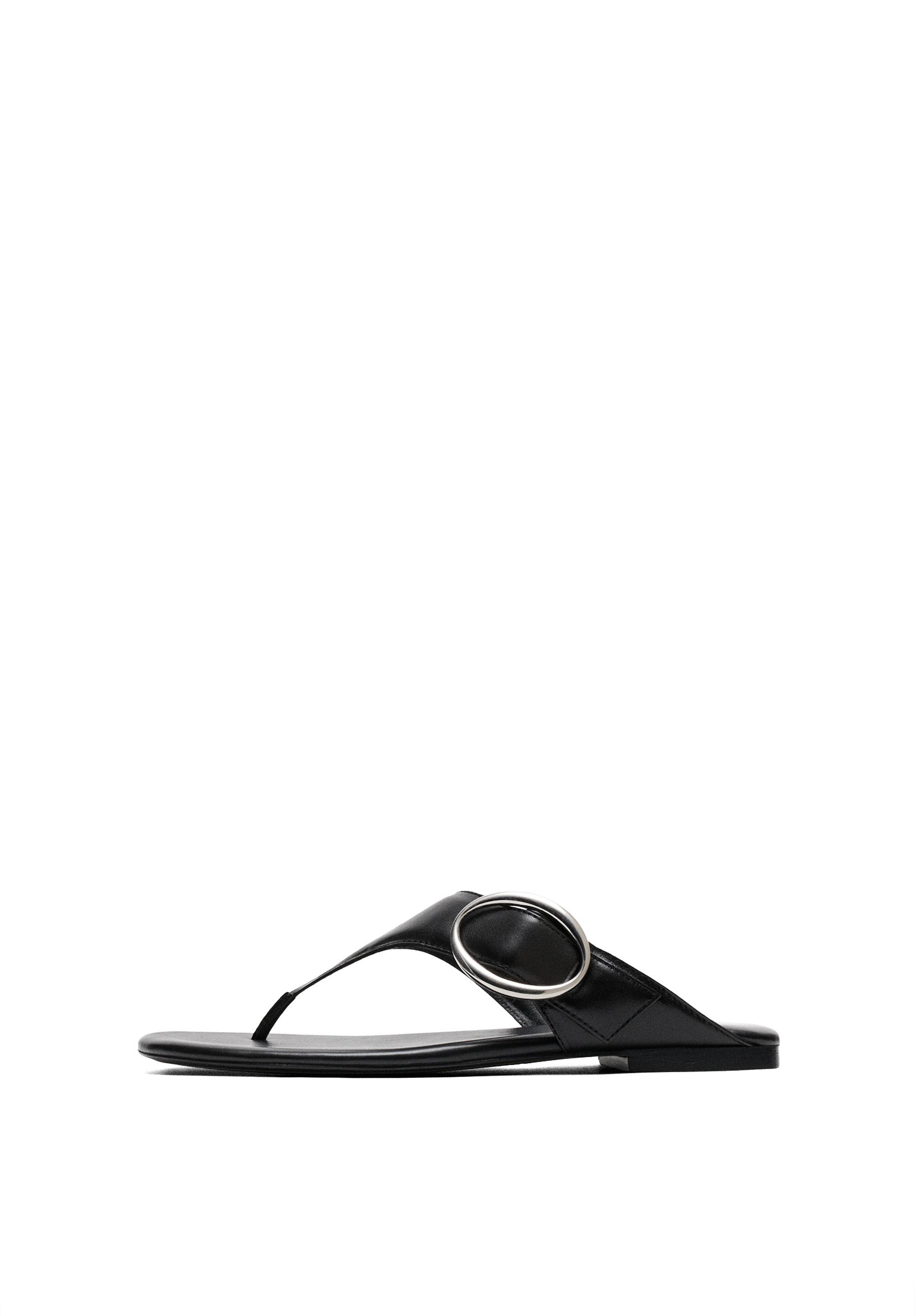 Leather sandals with metal ring — BLACK