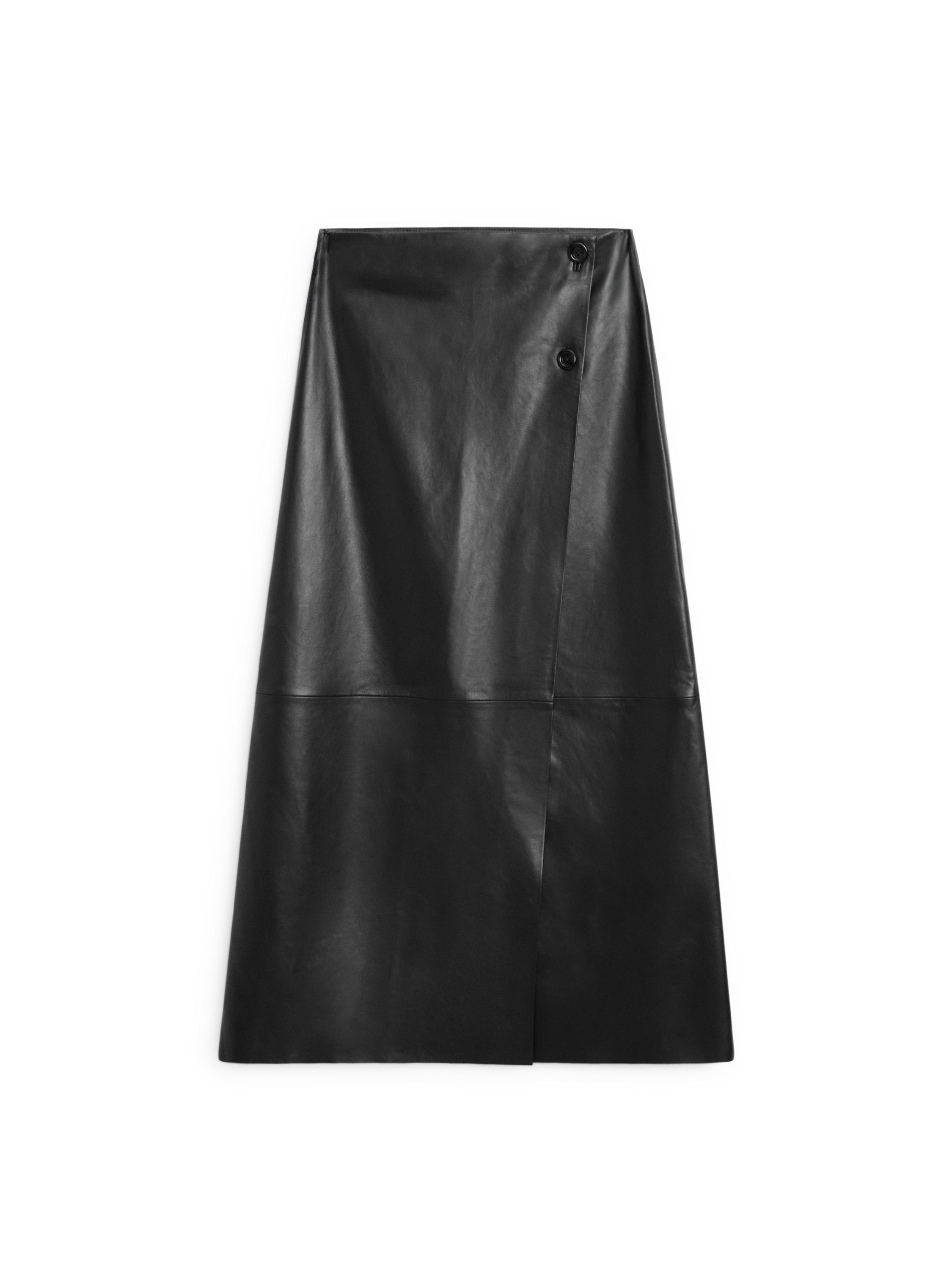 Nappa leather midi skirt with seams — BLACK