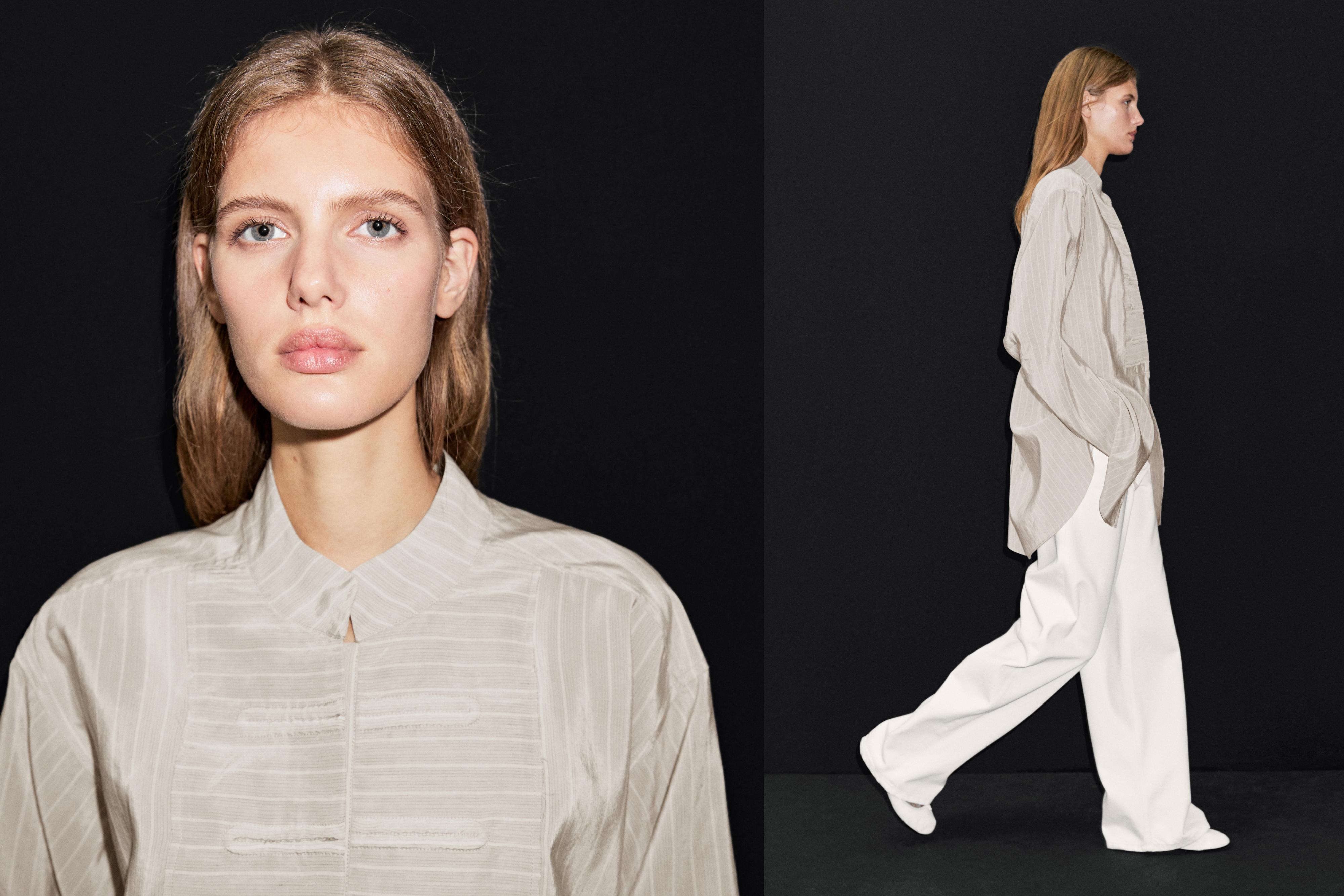 Striped oversize blouse with stand collar