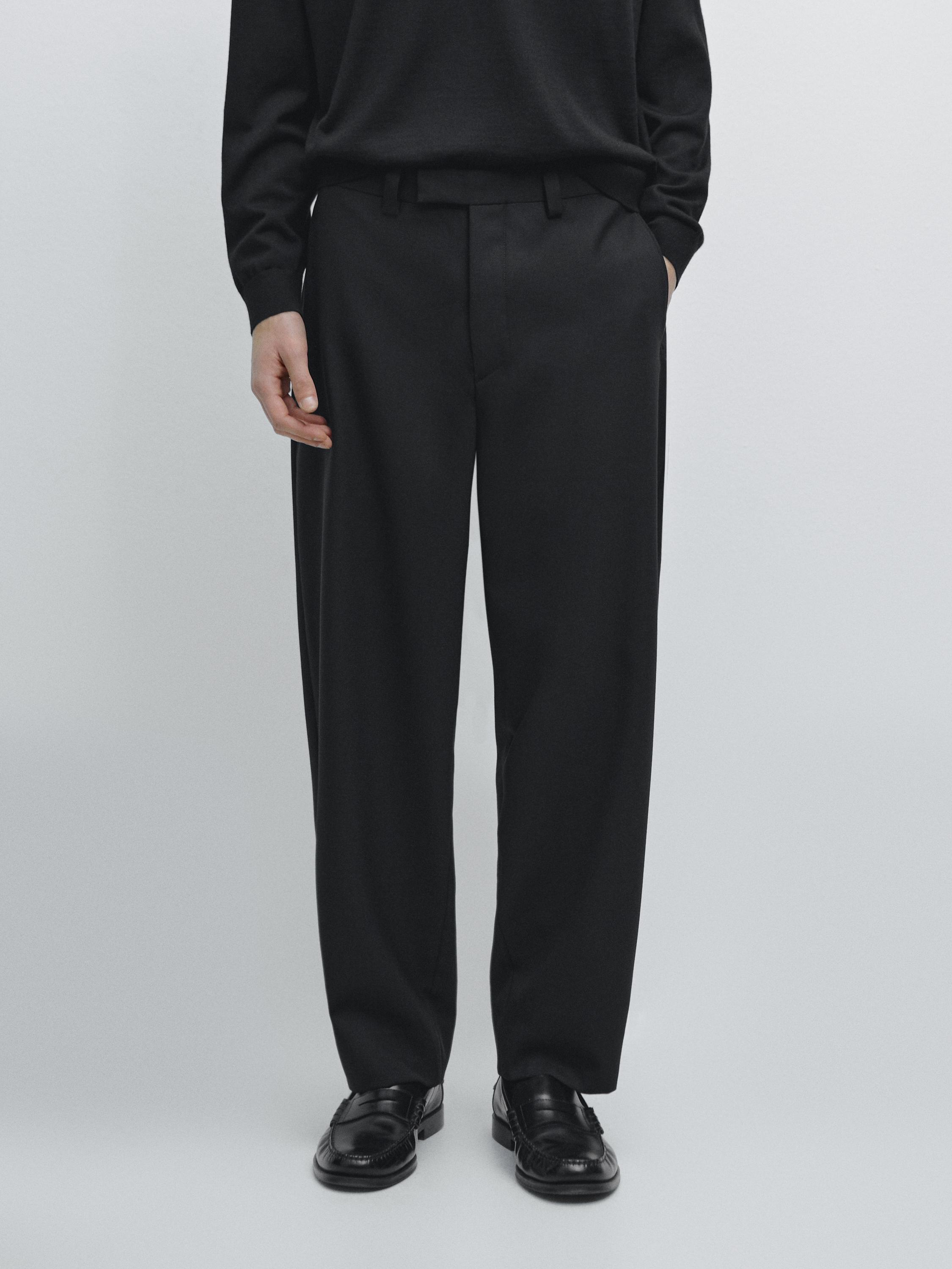 Tailored three-ply wool barrel fit trousers — BLACK
