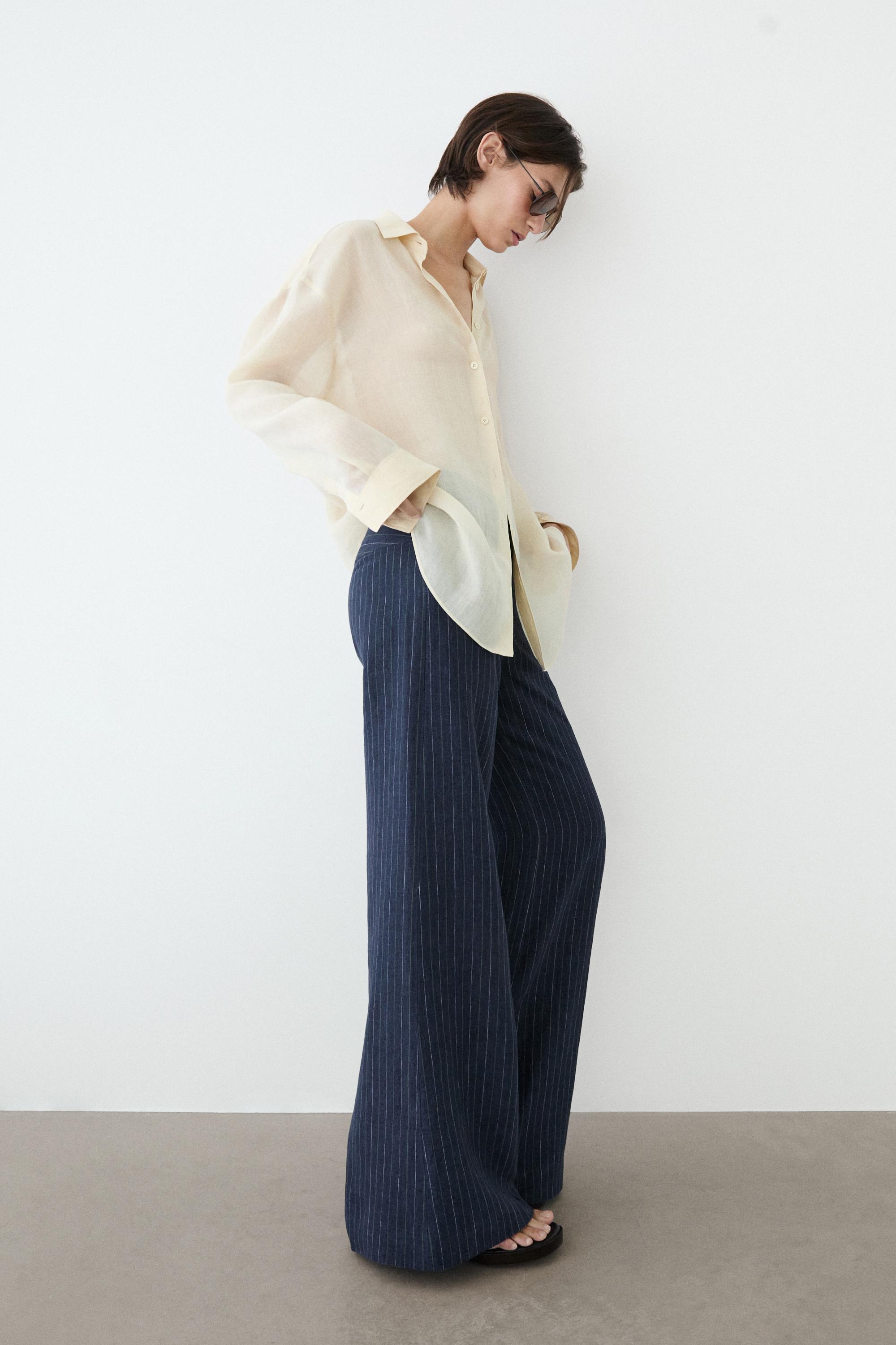 100% linen mid-waist flare pants — NAVY BLUE