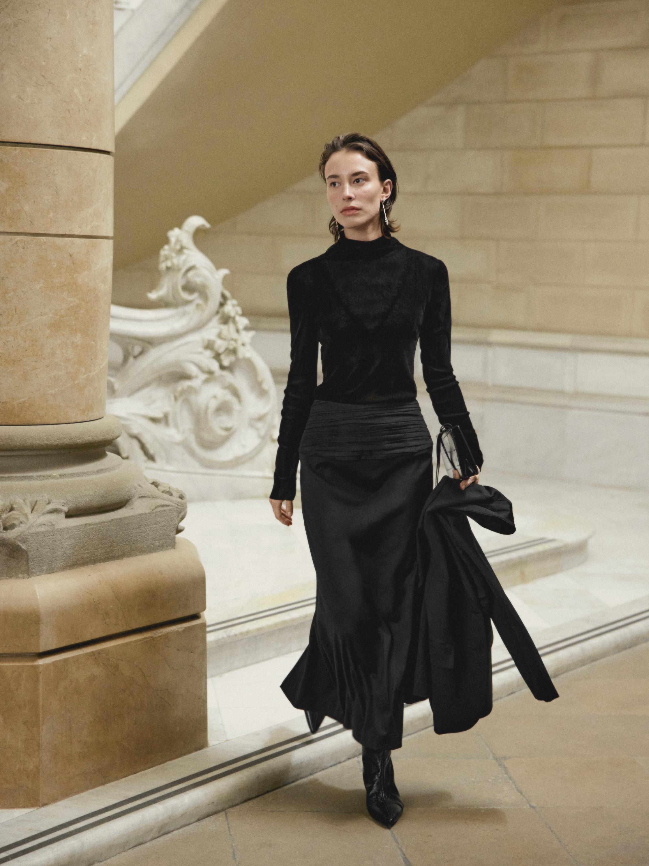 Straight midi skirt with gathered sash - STUDIO — BLACK