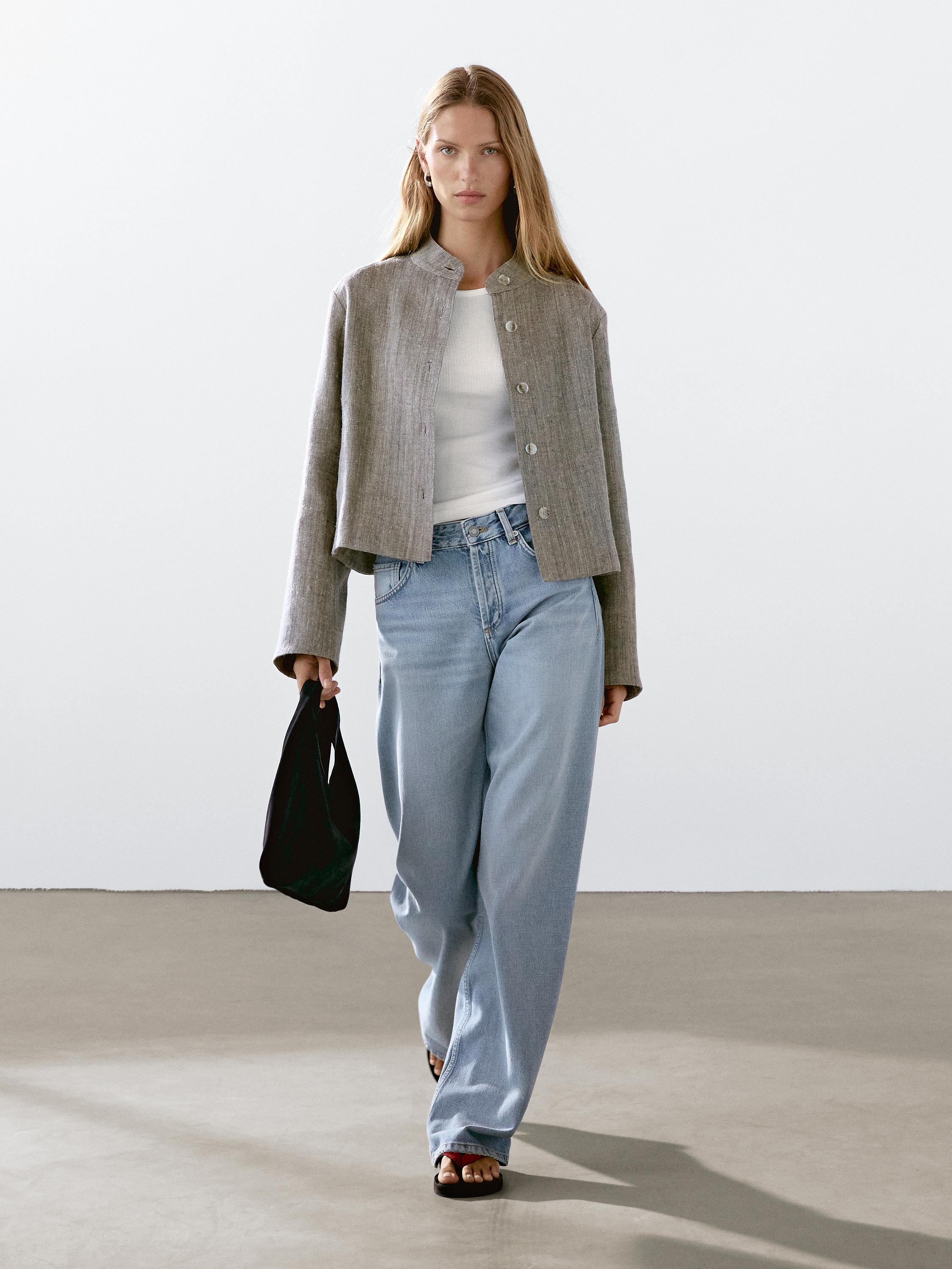 Short linen jacket with stand collar · Grey · Coats And Jackets Massimo Dutti