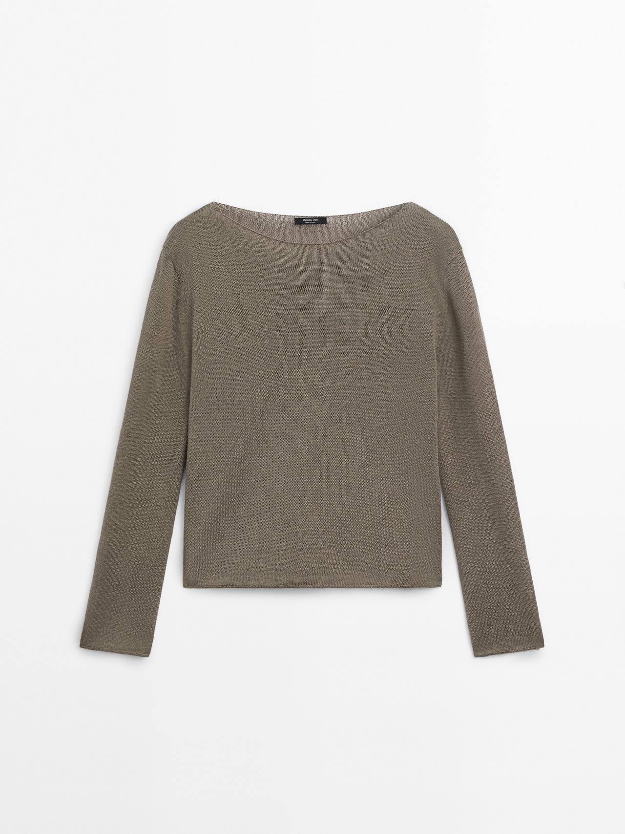 Massimo Dutti - Dame - Sweater I Hørblanding Med Hulmønster - Grøn - Xl