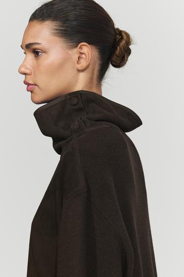 Combined high neck suede oversize blouse — BROWN 5