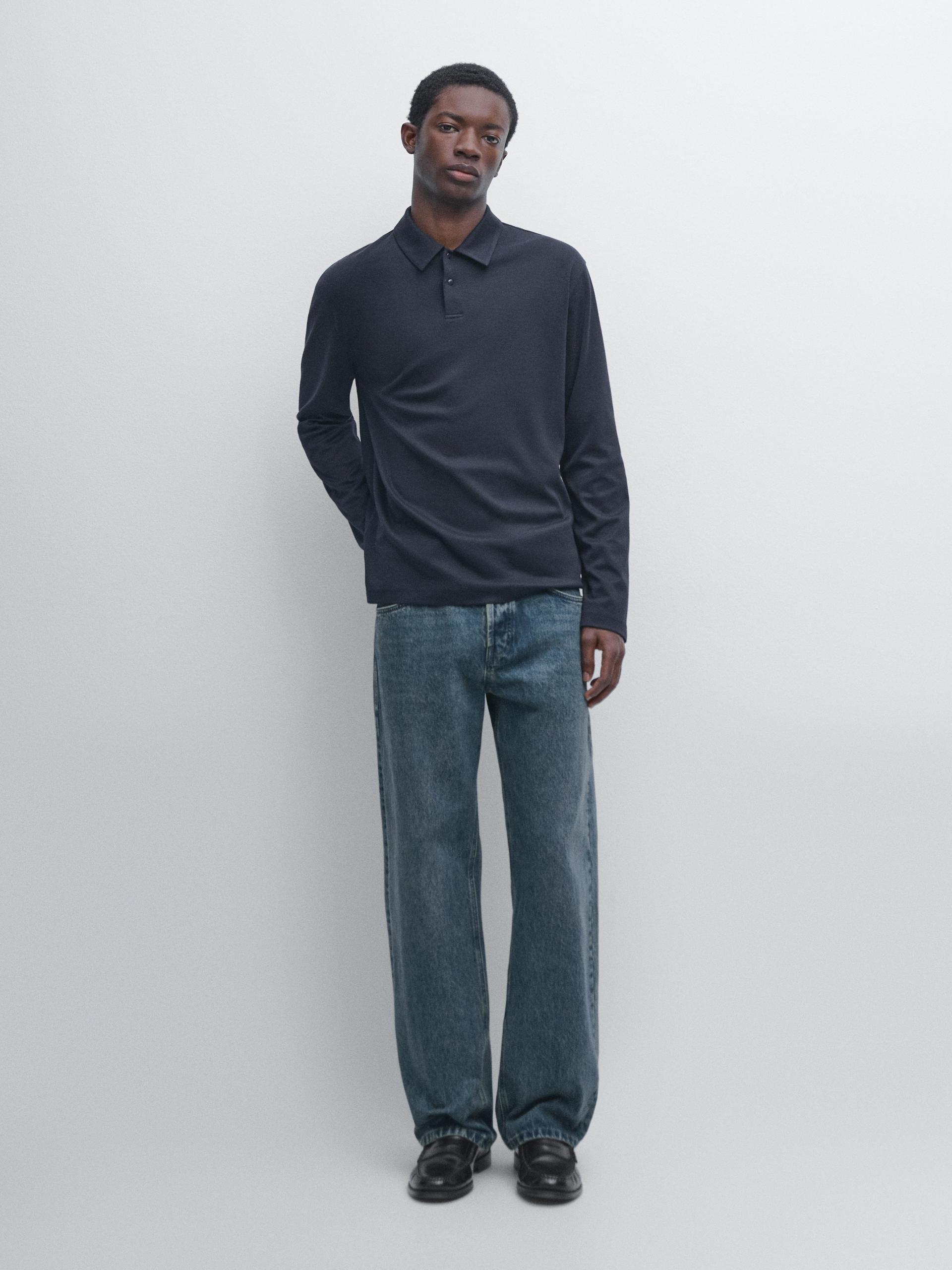 Polo Manga Larga Botón Snap - Azul Marino - Xl - Massimo Dutti - Hombre