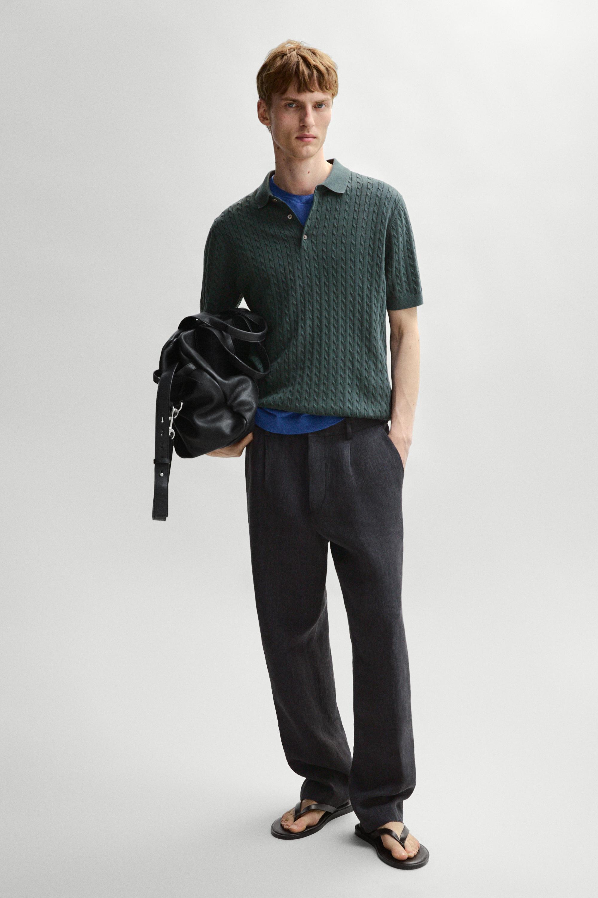 100% cotton cable-knit polo shirt — DARK BOTTLE GREEN