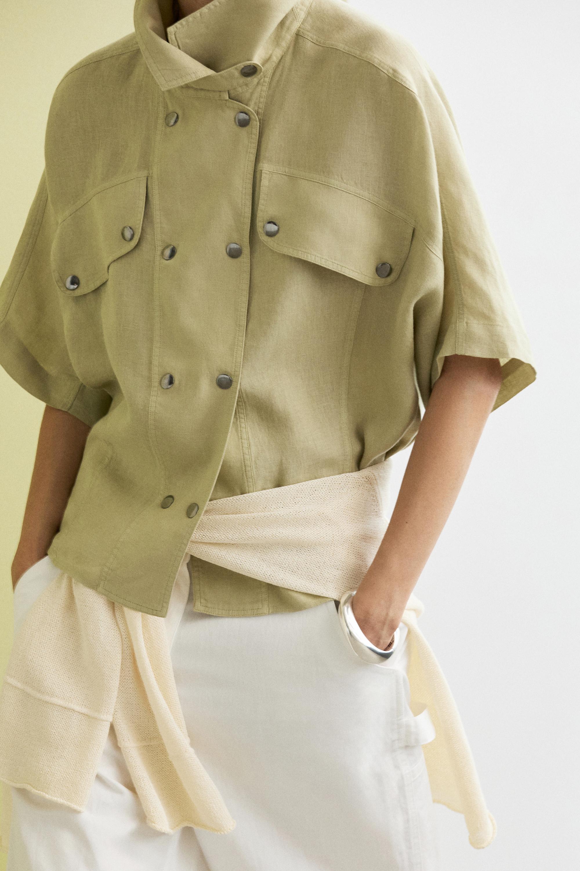 Short sleeve linen snap button shirt — LIME