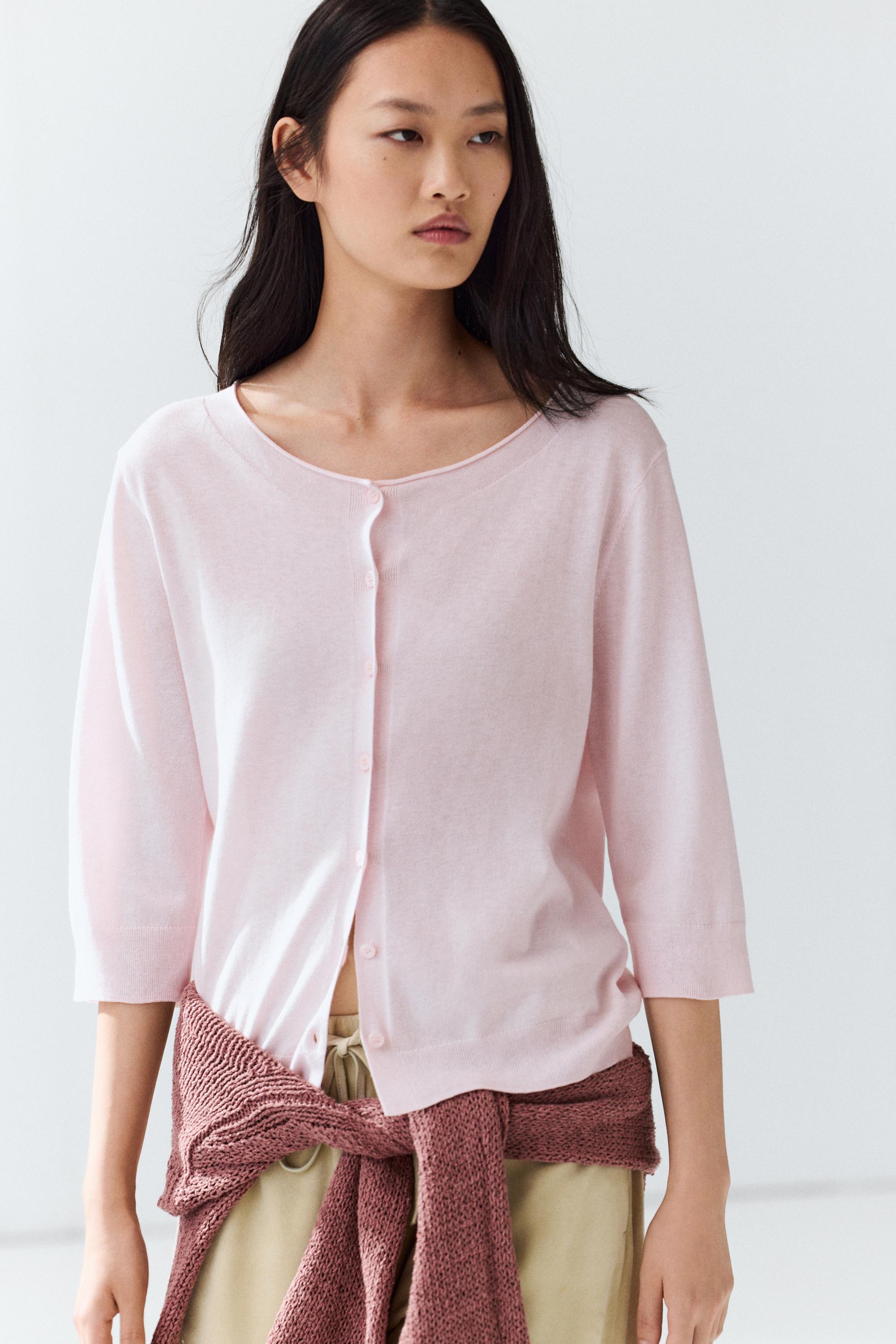 Cotton blend boat neck cardigan — PALE PINK