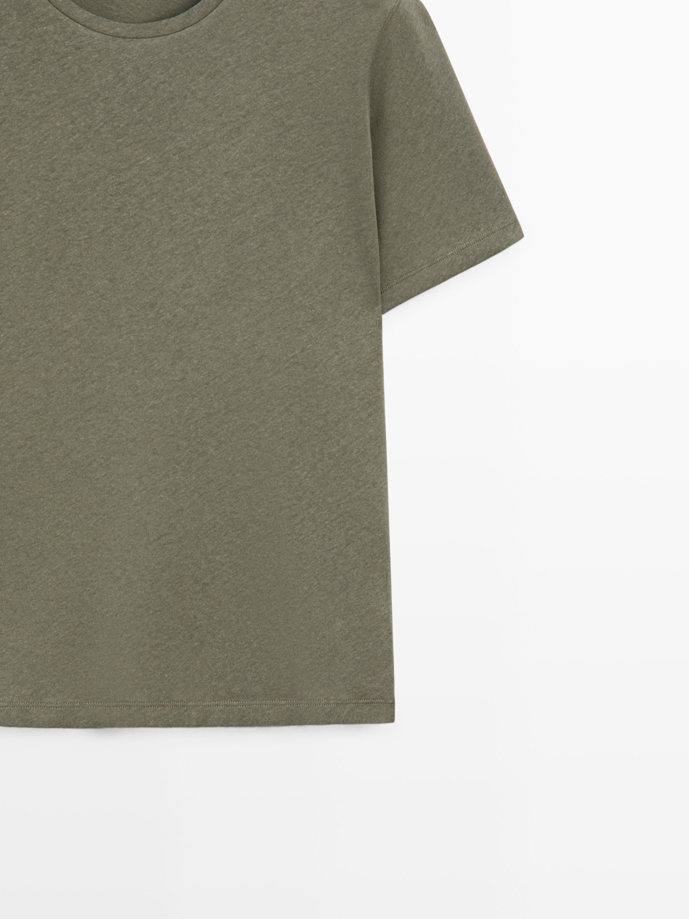 Short sleeve linen and cotton T-shirt — PALE KHAKI