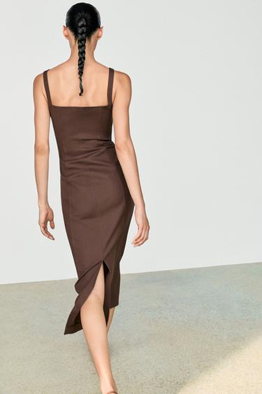 Cotton blend strappy midi dress — BROWN 5