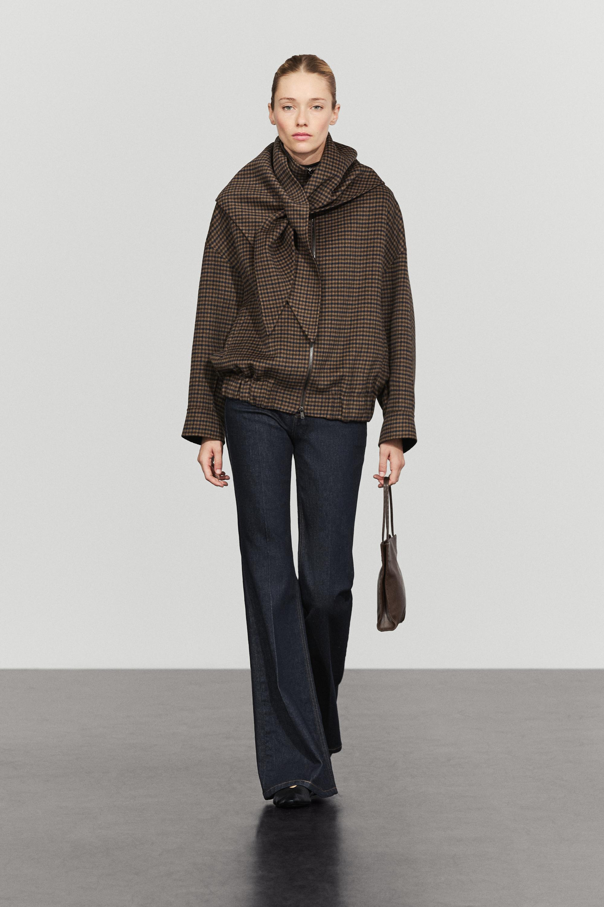 Massimo Dutti Gingham Bomber Jacket With Scarf In Brown