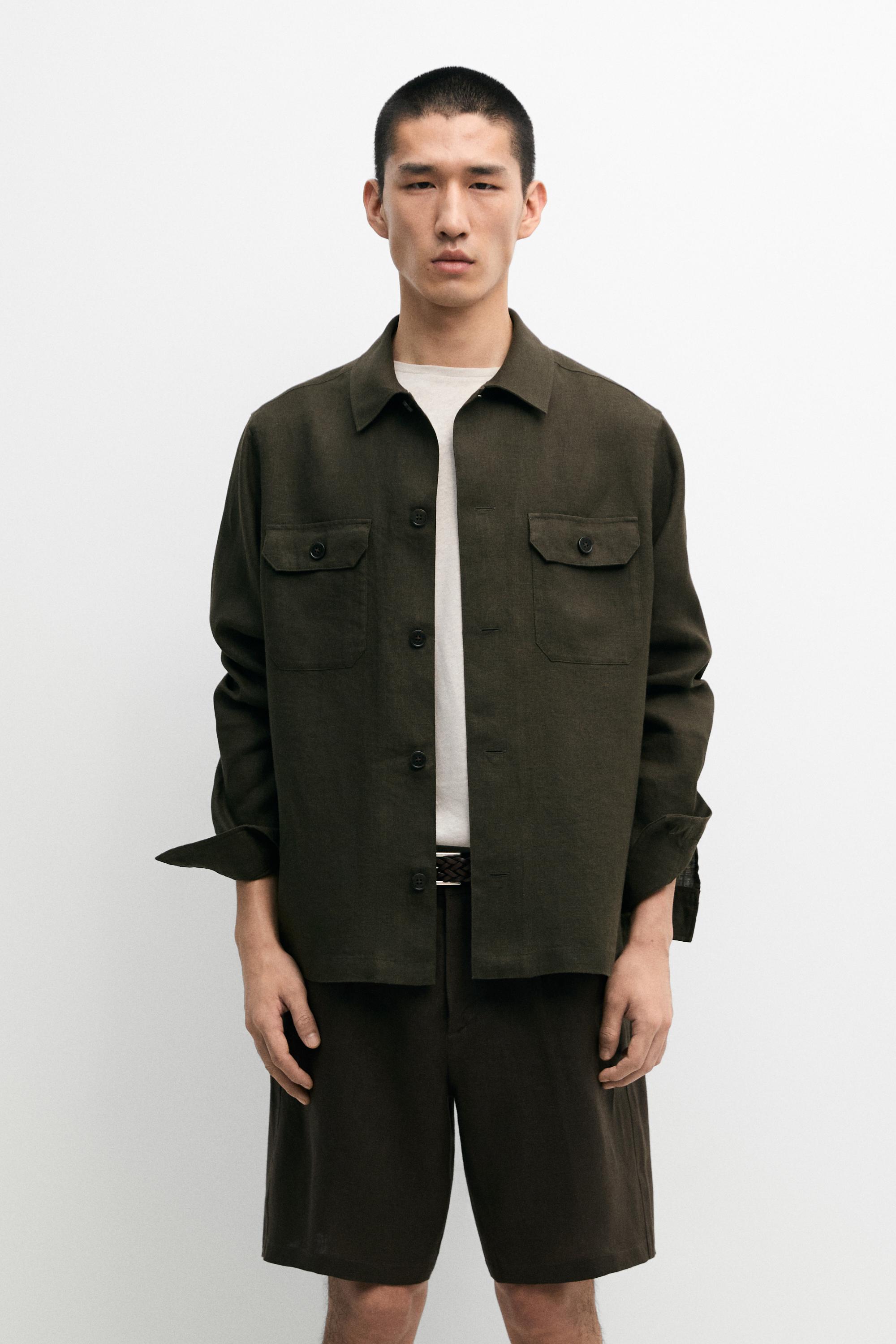 Total look linen overshirt with pockets — DARK GREEN