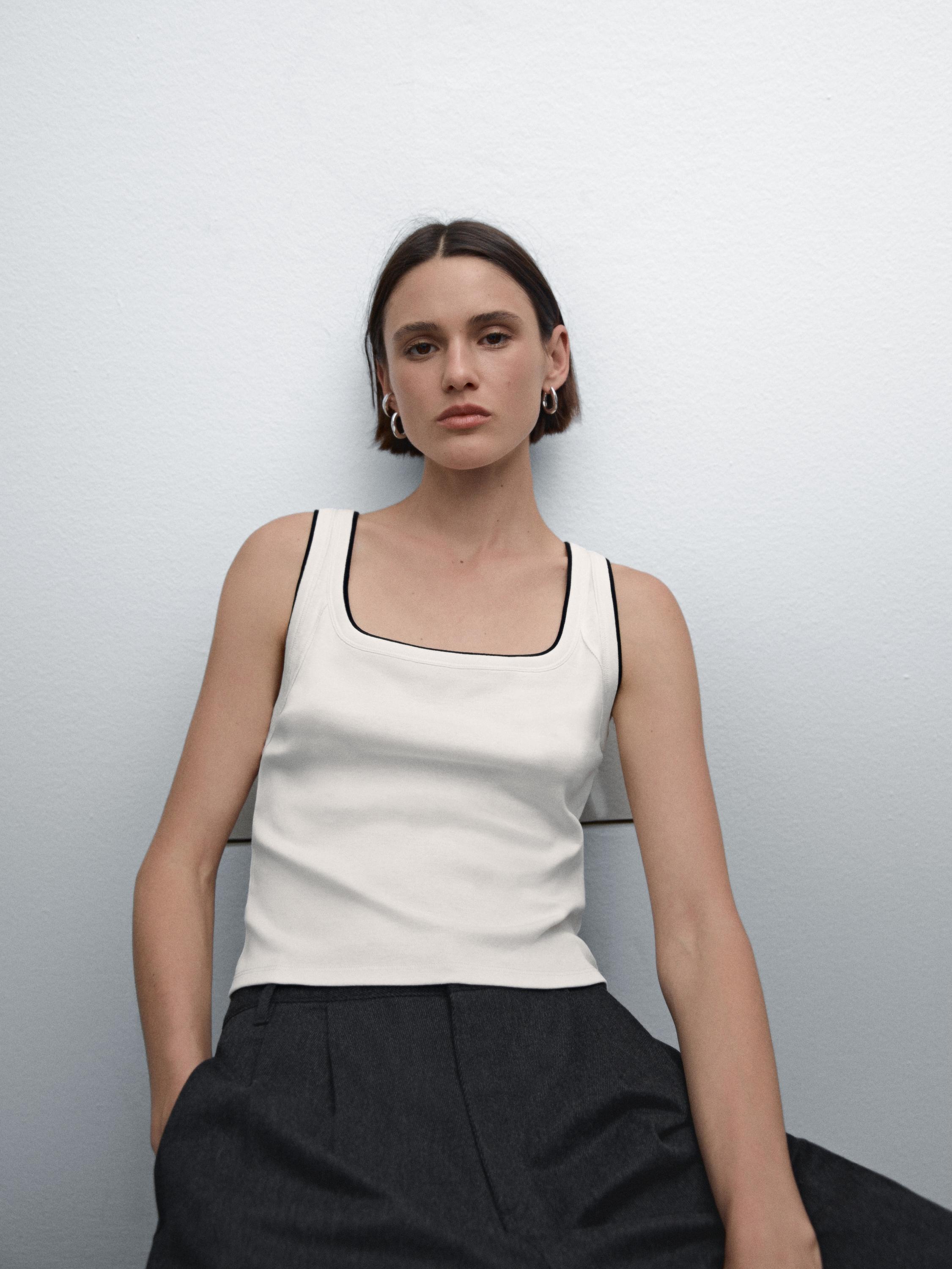 Contrast ribbed cotton T-shirt · Cream, Black · T-shirts And