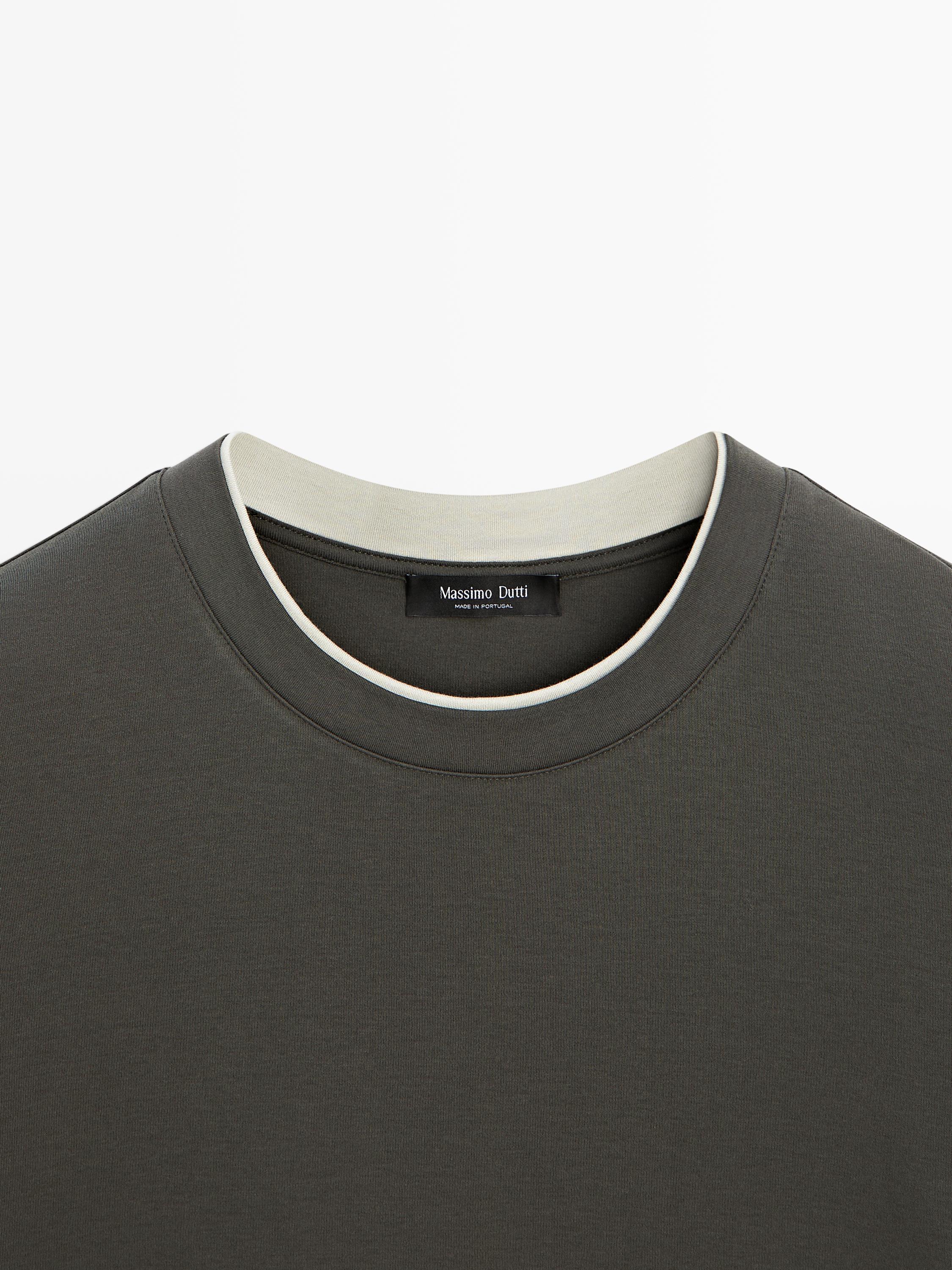 100% cotton T-shirt with contrast neckline — KHAKI