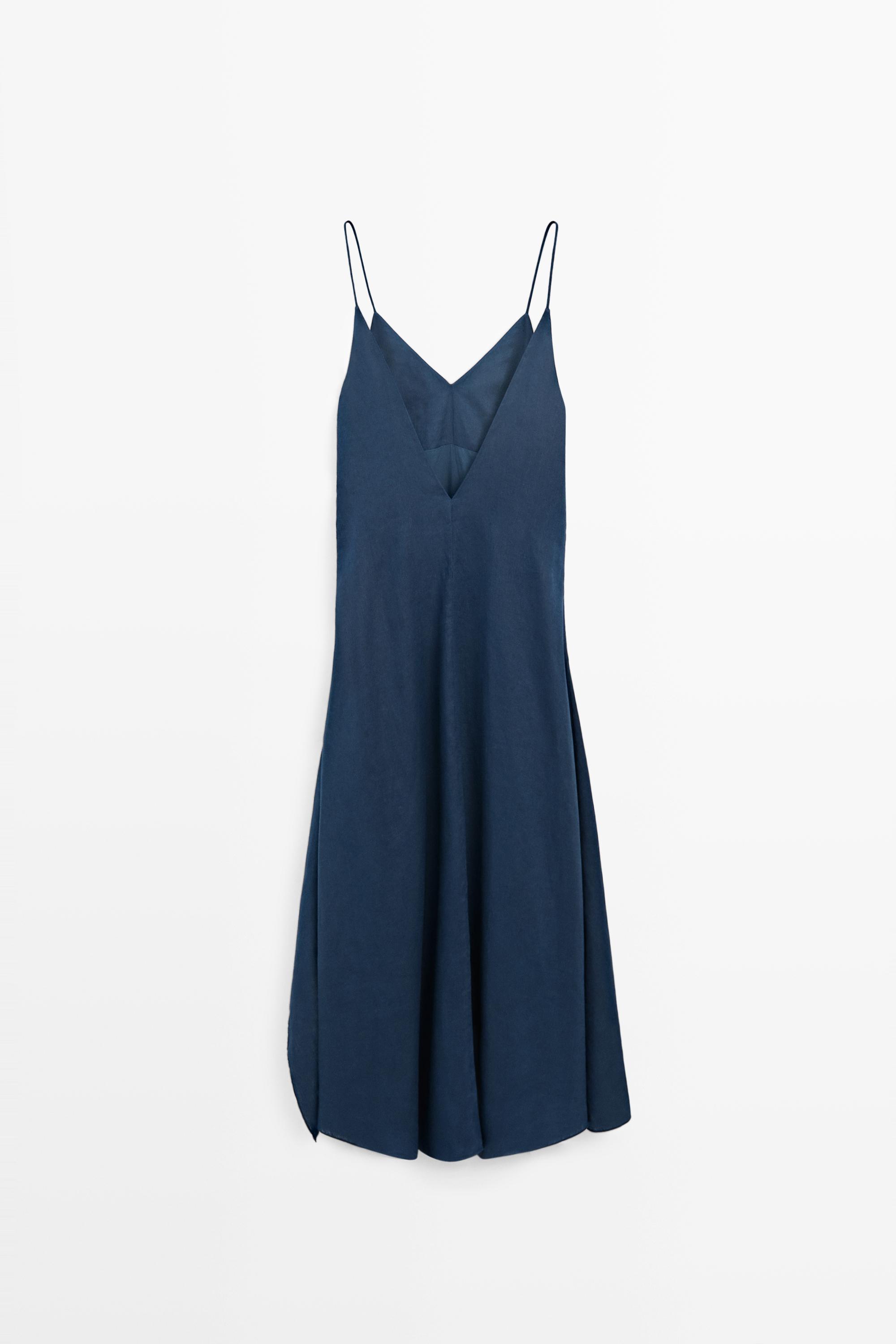 100% linen asymmetric midi dress — BLUE
