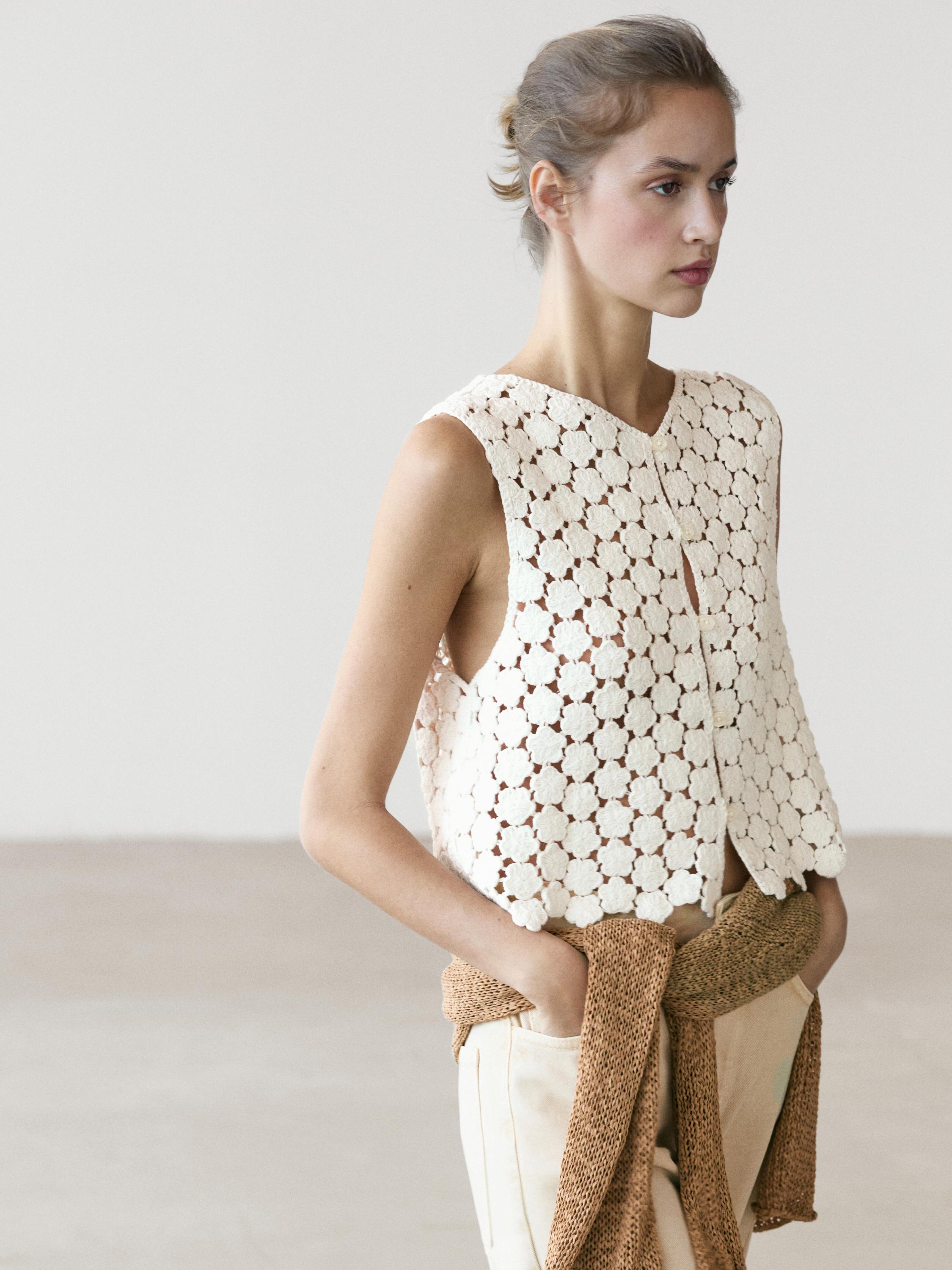 Cotton crochet vest with floral details — CREAM