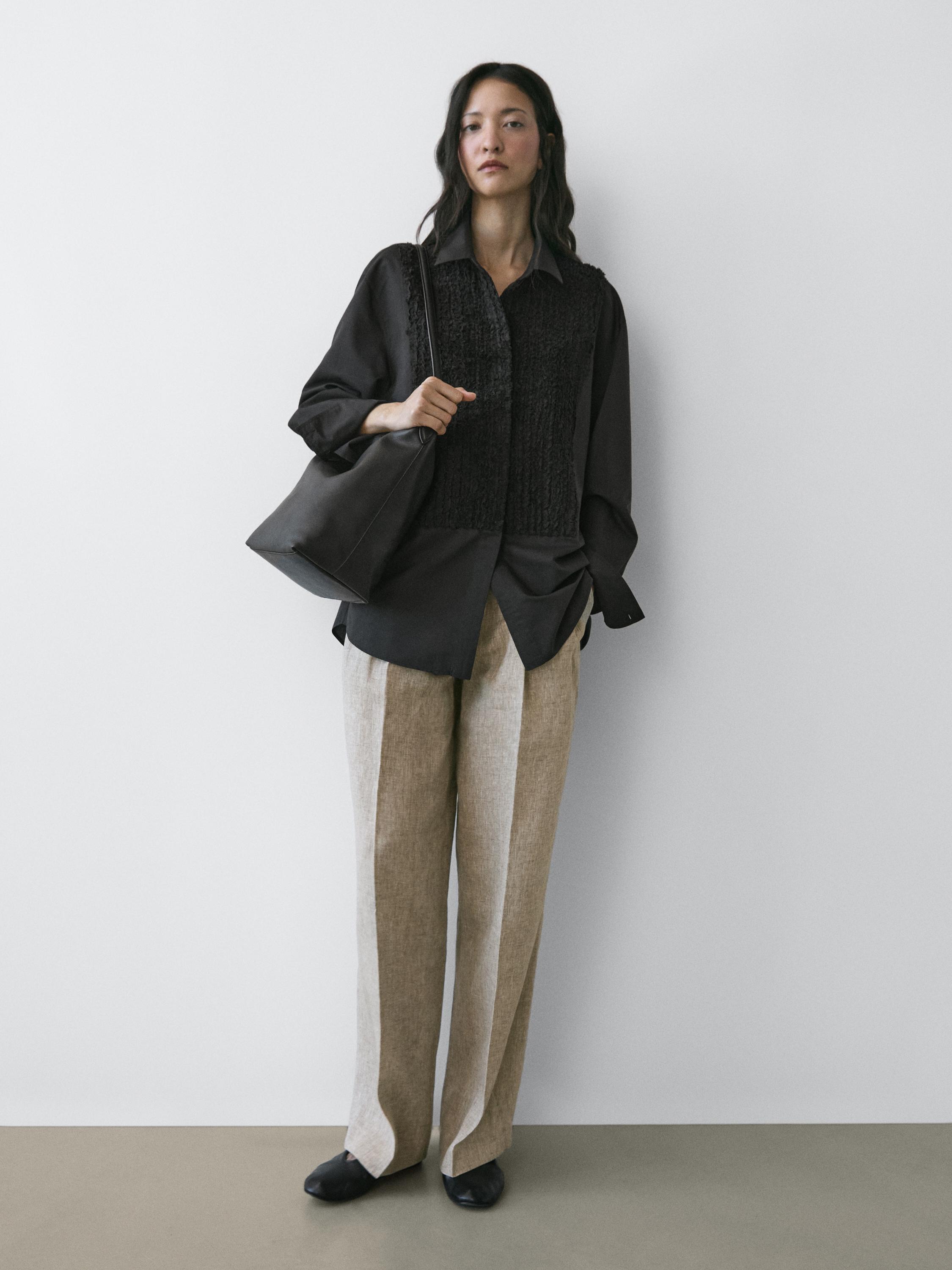 Bib front shirt with embroidered detail — BLACK