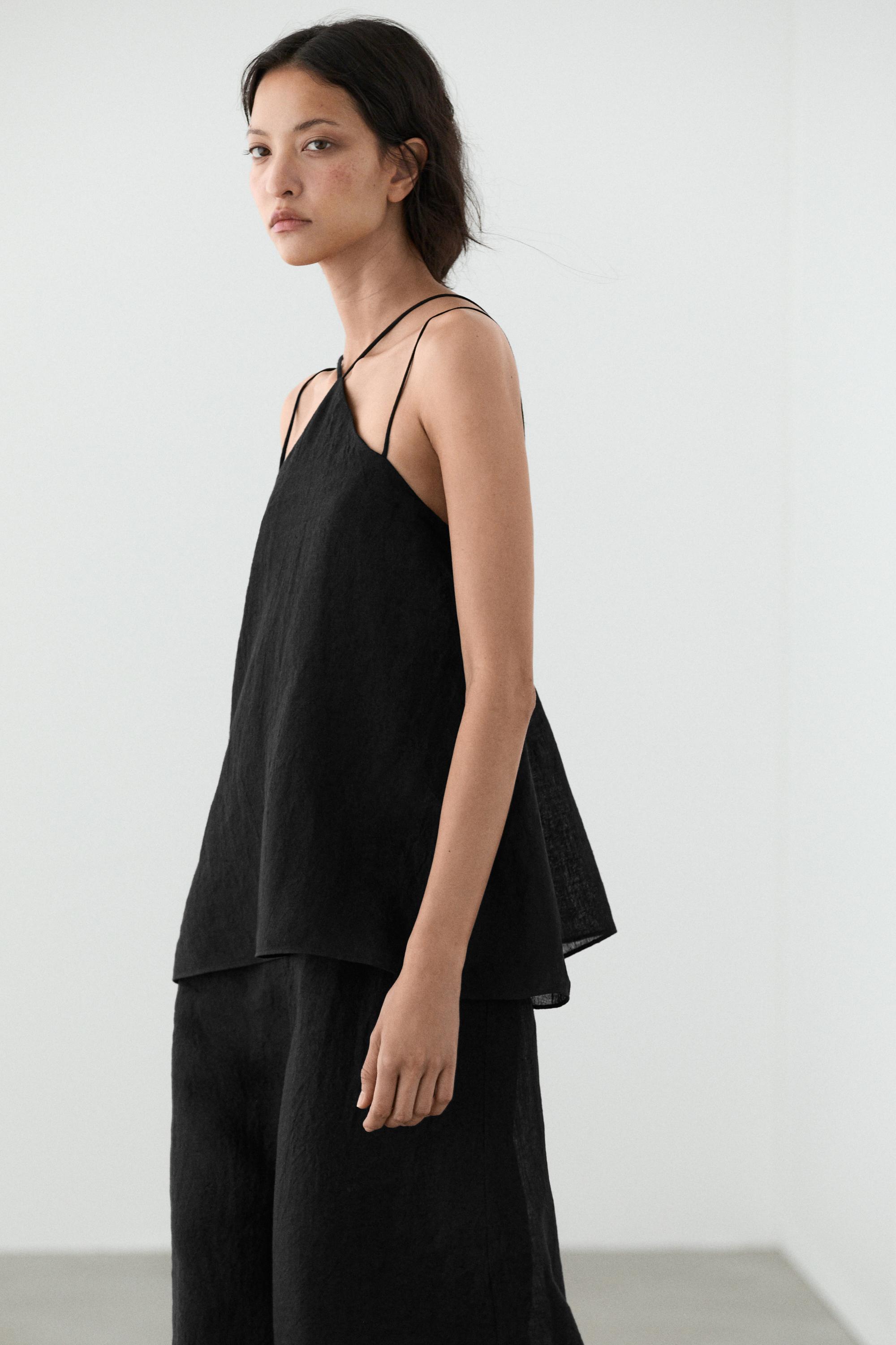 Flowing strappy 100% linen dress — BLACK