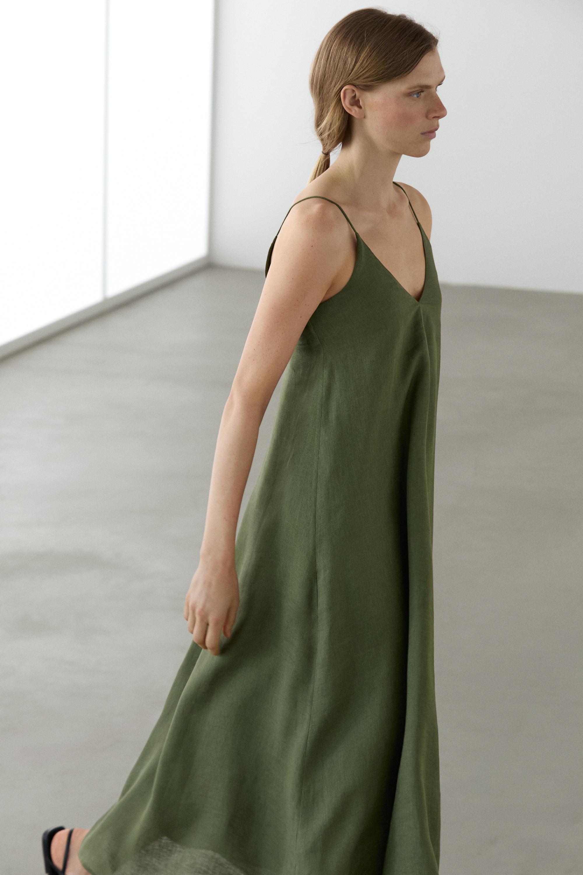 Flowing Midi Dress With Thin Straps - Green - 2 - Massimo Dutti - Women Flowing Midi Dress With Thin Straps - Green - 2 - Massimo Dutti - Women