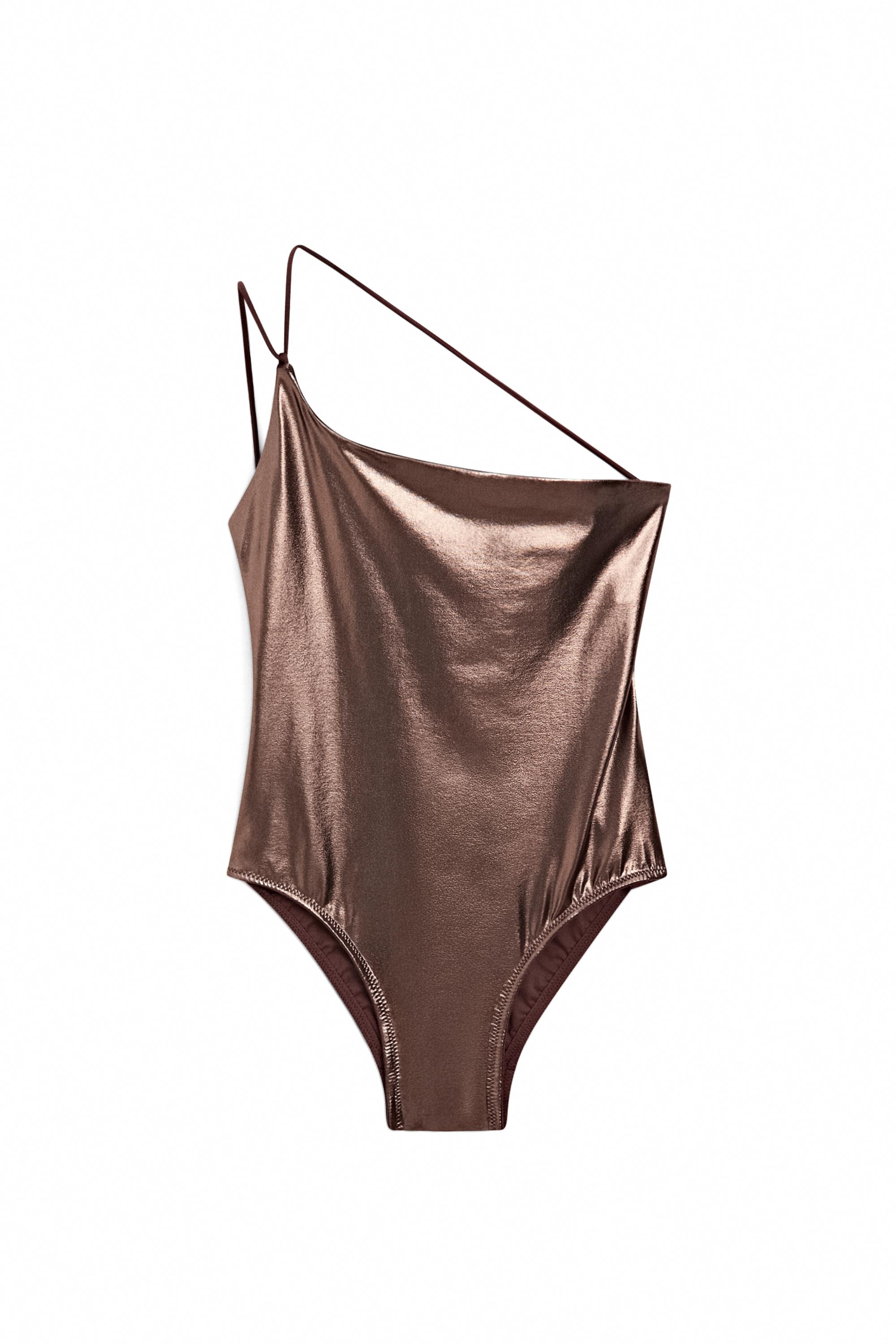 Swimsuit with asymmetric strap — BROWN