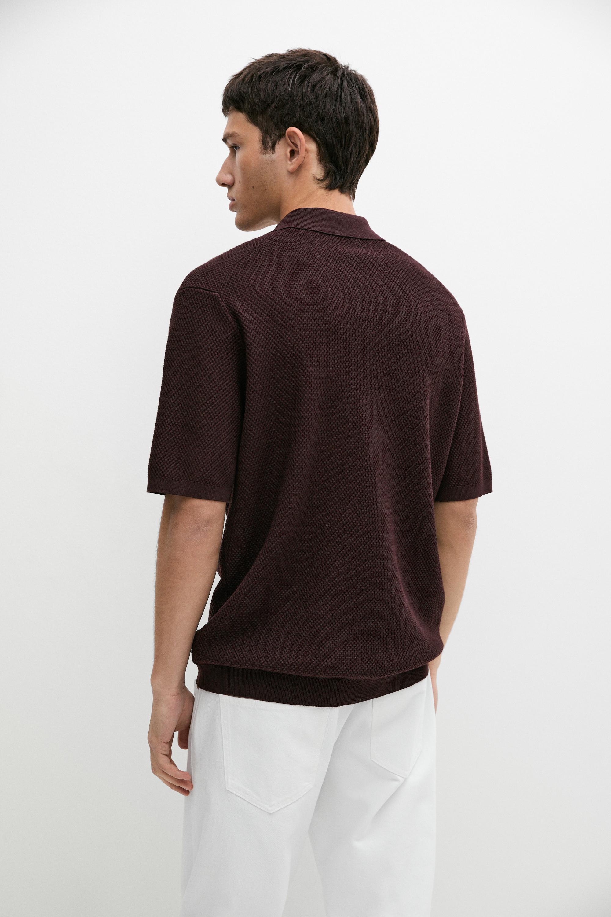 Cotton blend knit V-neck polo shirt — BURGUNDY