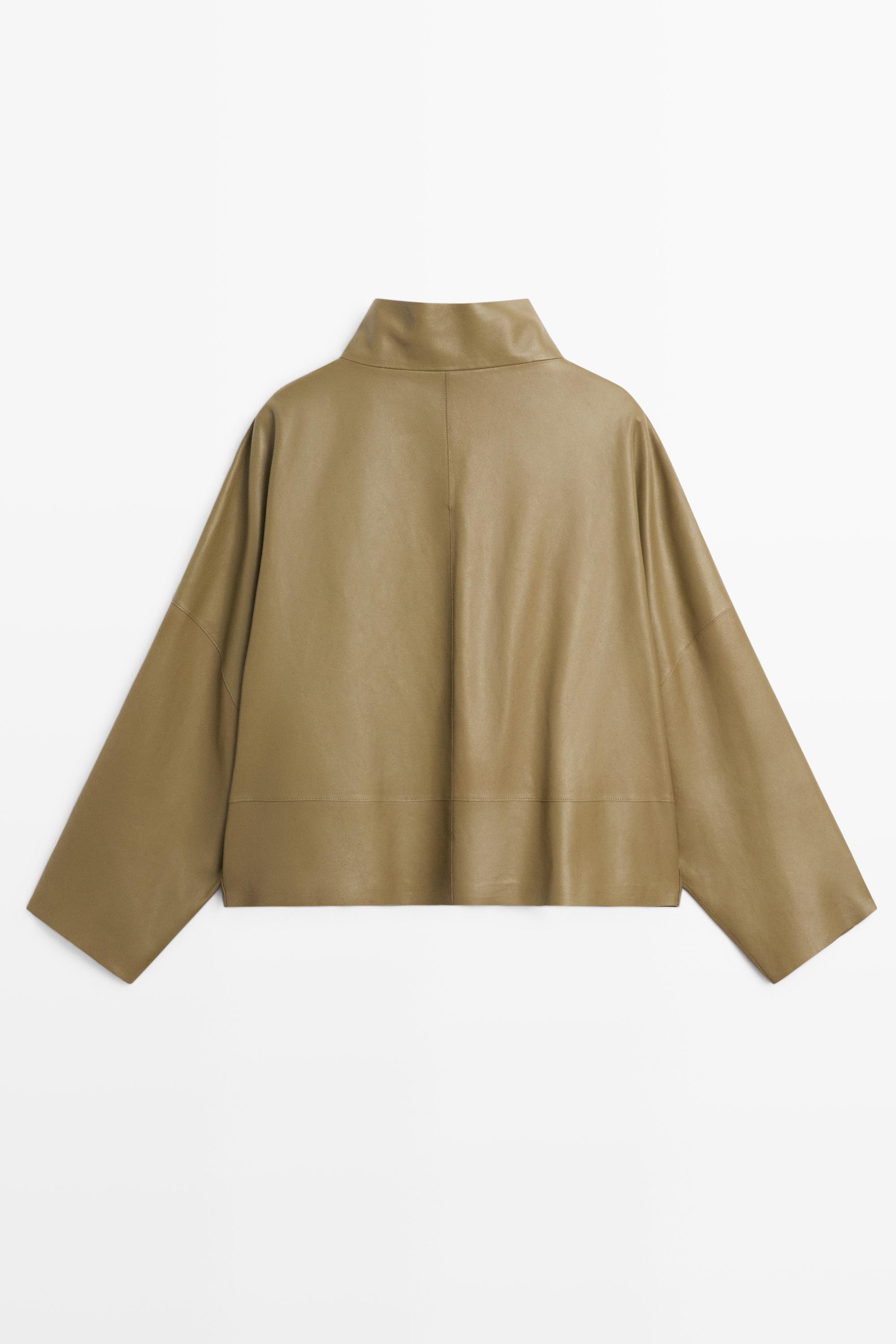 Stand collar nappa leather cropped jacket — KHAKI