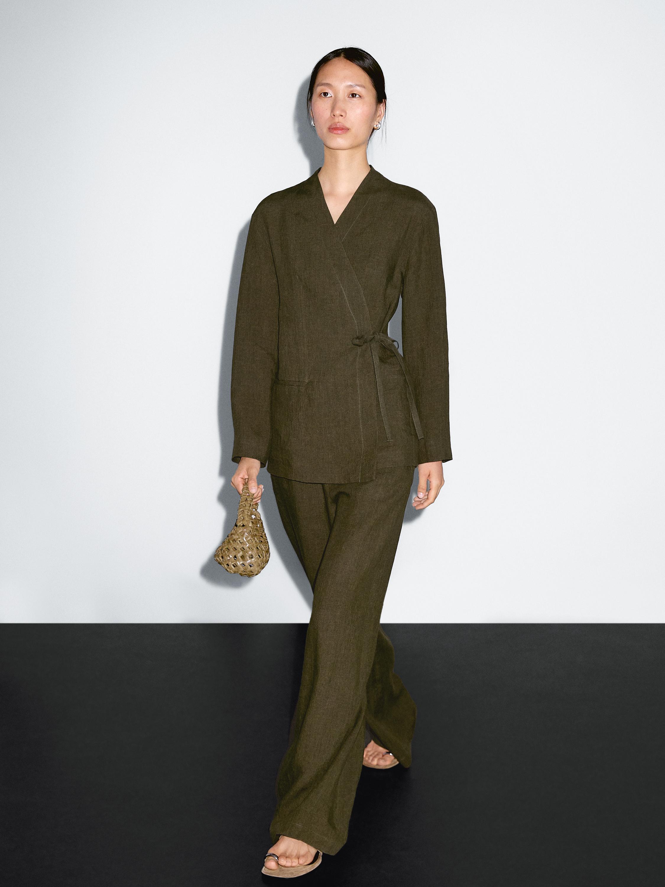 100% linen straight-leg trousers