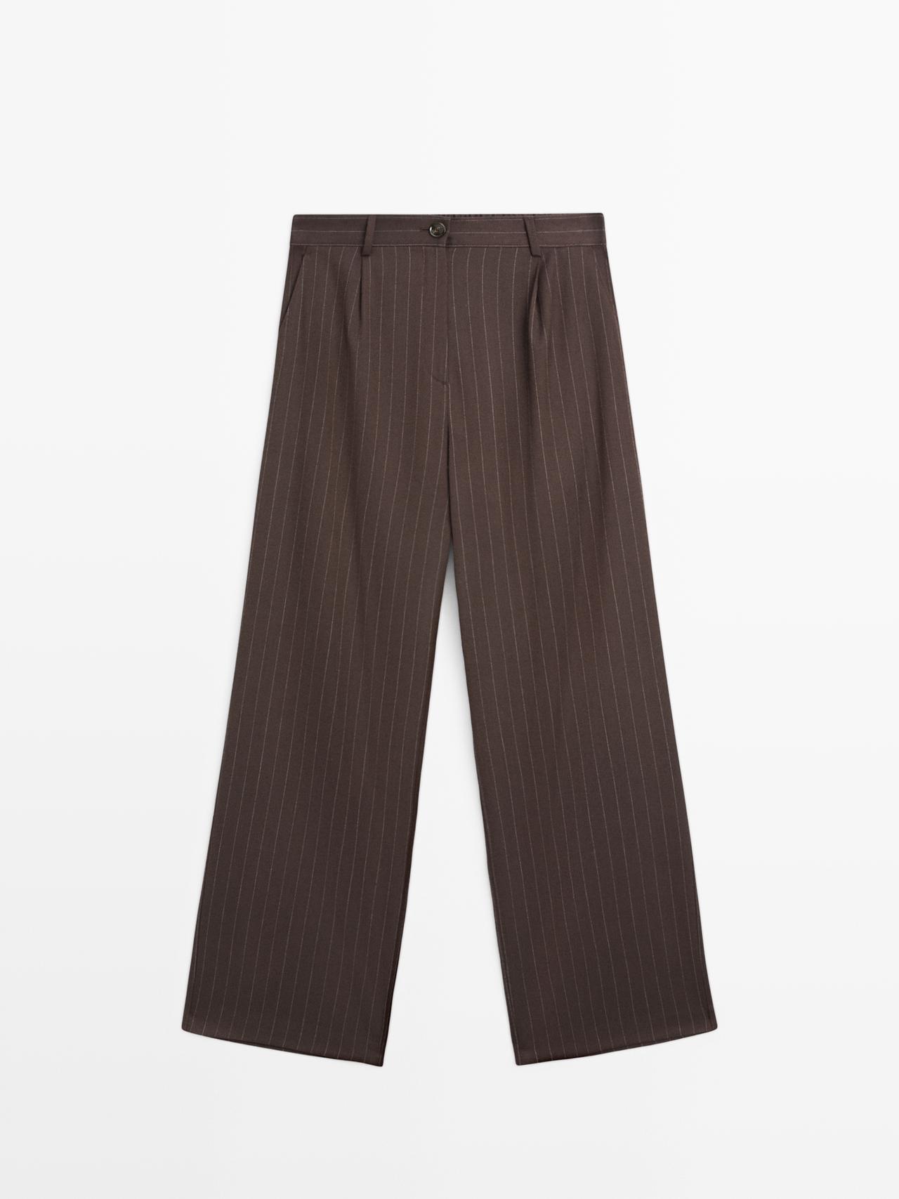 Massimo Dutti - Dame - Nålestribede Bukser Med Brede Ben - Chokolade - 42